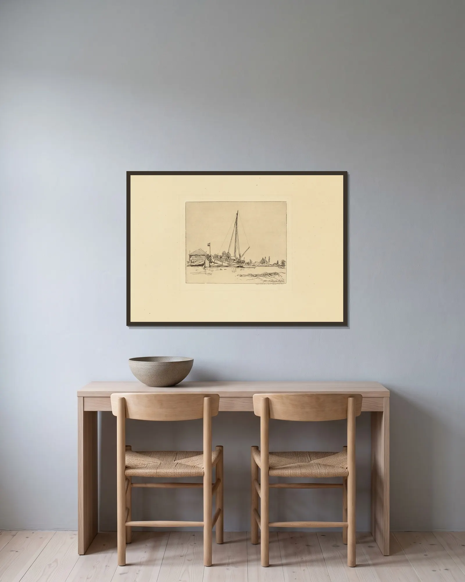 La Barque amarée av Johan Barthold Jongkind inramad på en vägg