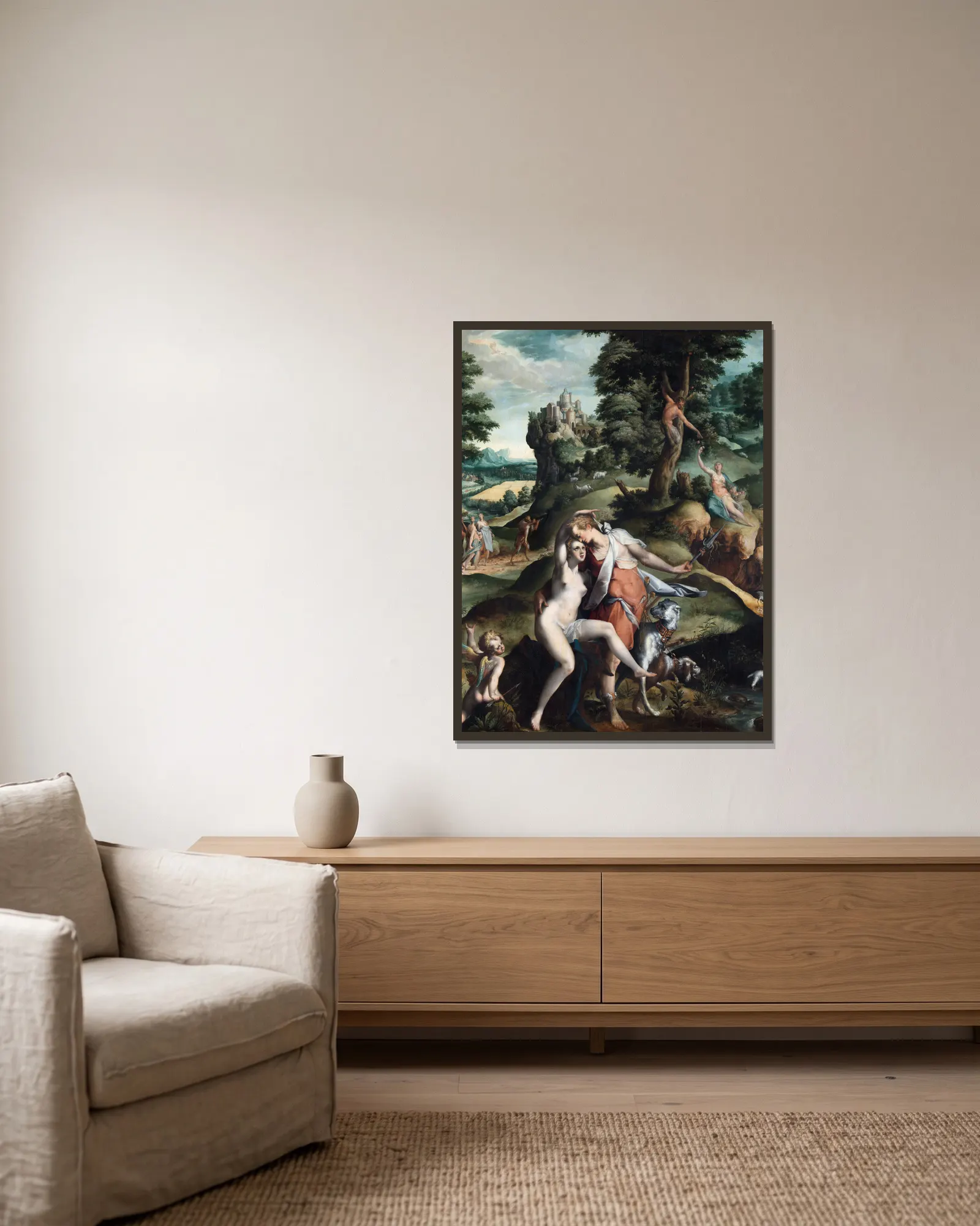 Venus and Adonis av Bartholomaeus Spranger inramad på en vägg