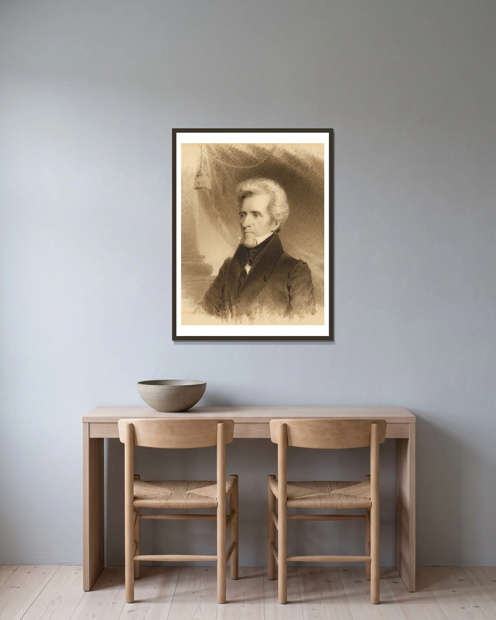 Andrew Jackson av James Barton Longacre inramad på en vägg