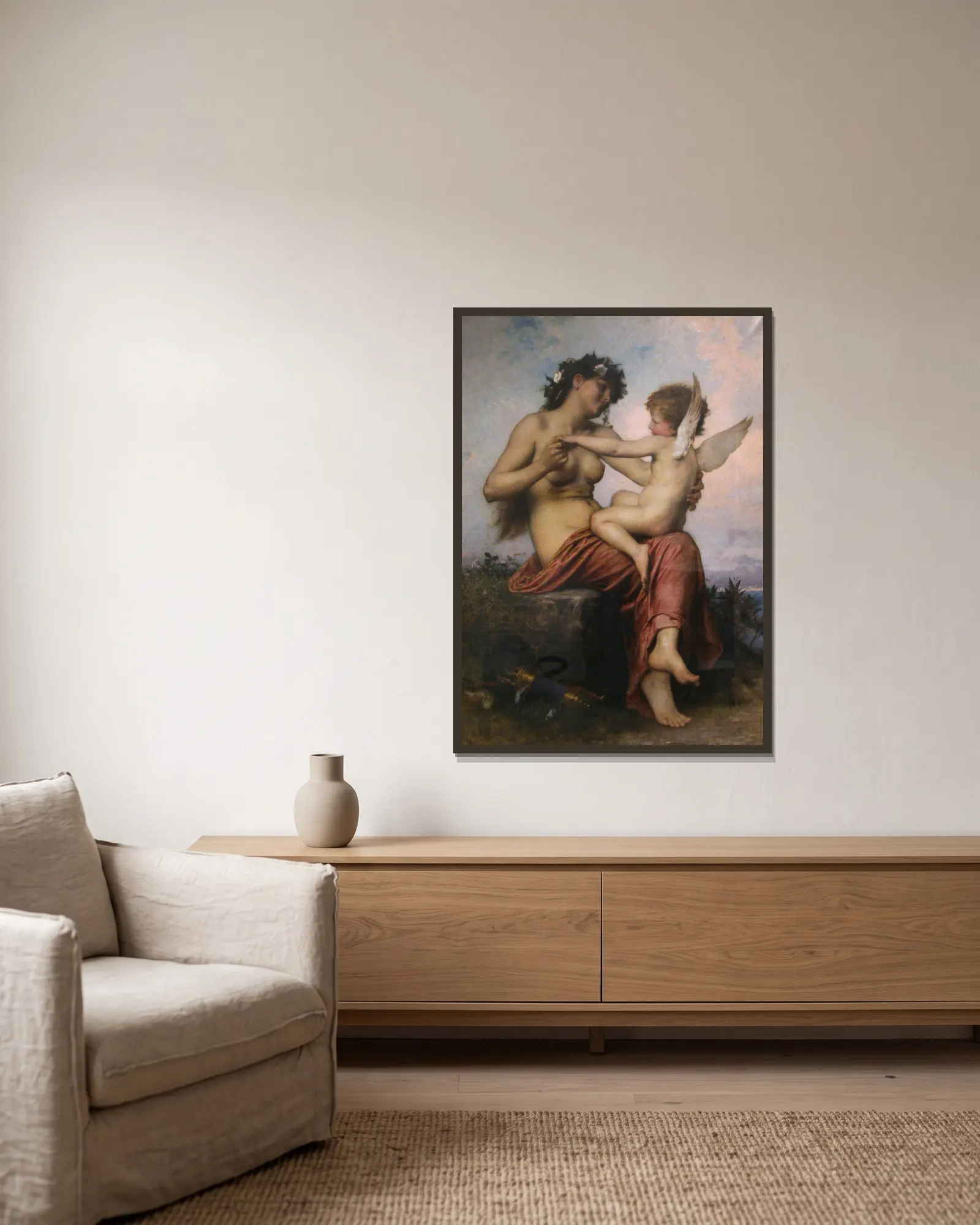 Cupid Captured av Léon-Jean-Basile Perrault inramad på en vägg