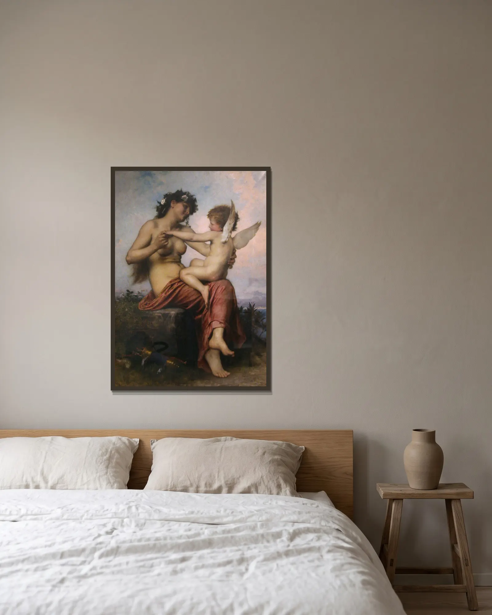 Cupid Captured av Léon-Jean-Basile Perrault inramad på en vägg