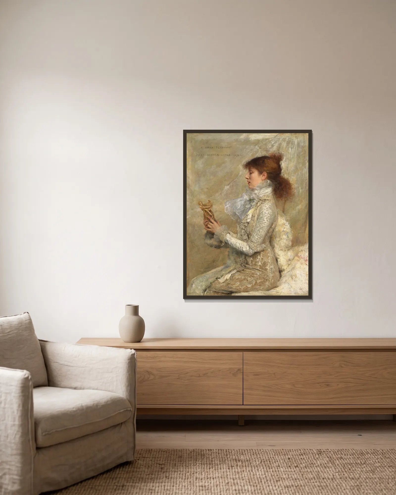 Portrait de Sarah Bernhardt av Jules Bastien-Lepage inramad på en vägg