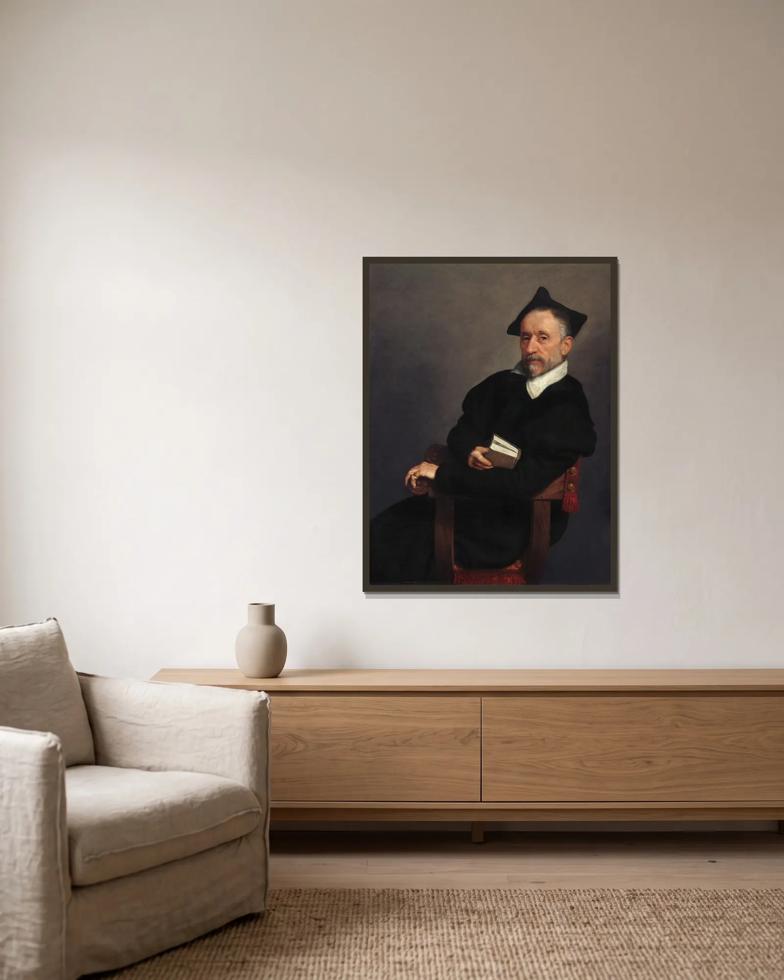 Titian’s Schoolmaster av Giovanni Battista Moroni inramad på en vägg