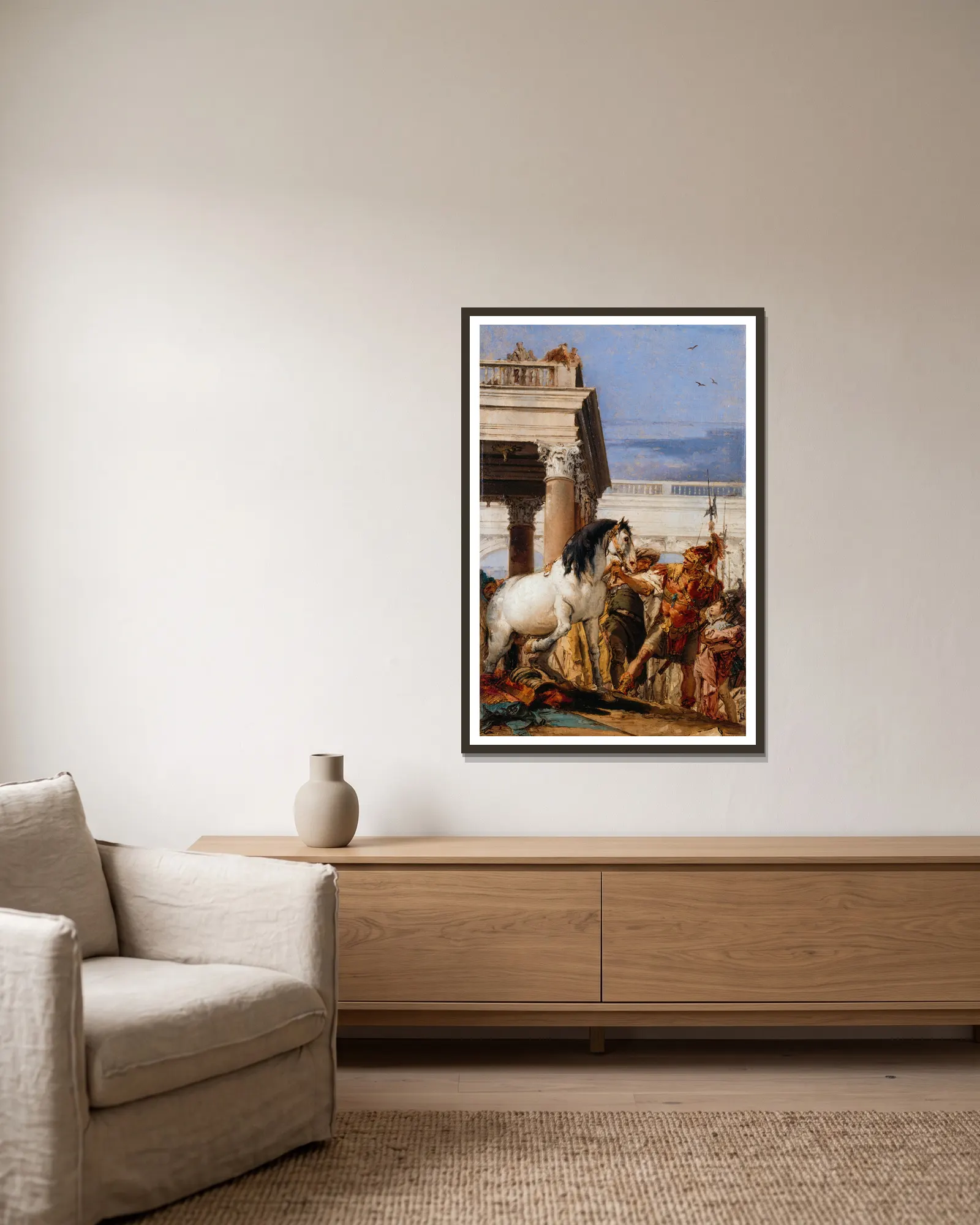 Alexandre et Bucéphale av Giovanni Battista Tiepolo inramad på en vägg