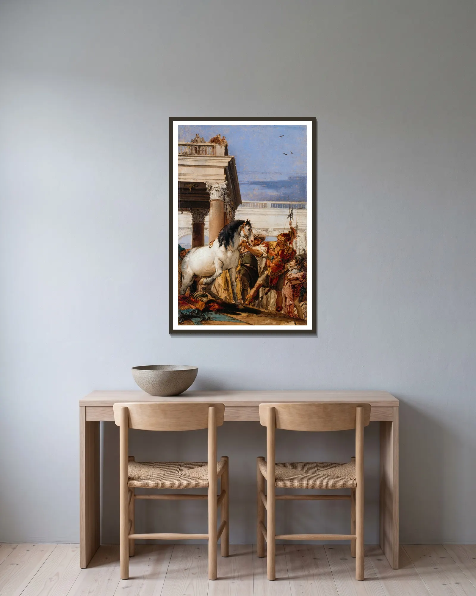 Alexandre et Bucéphale av Giovanni Battista Tiepolo inramad på en vägg