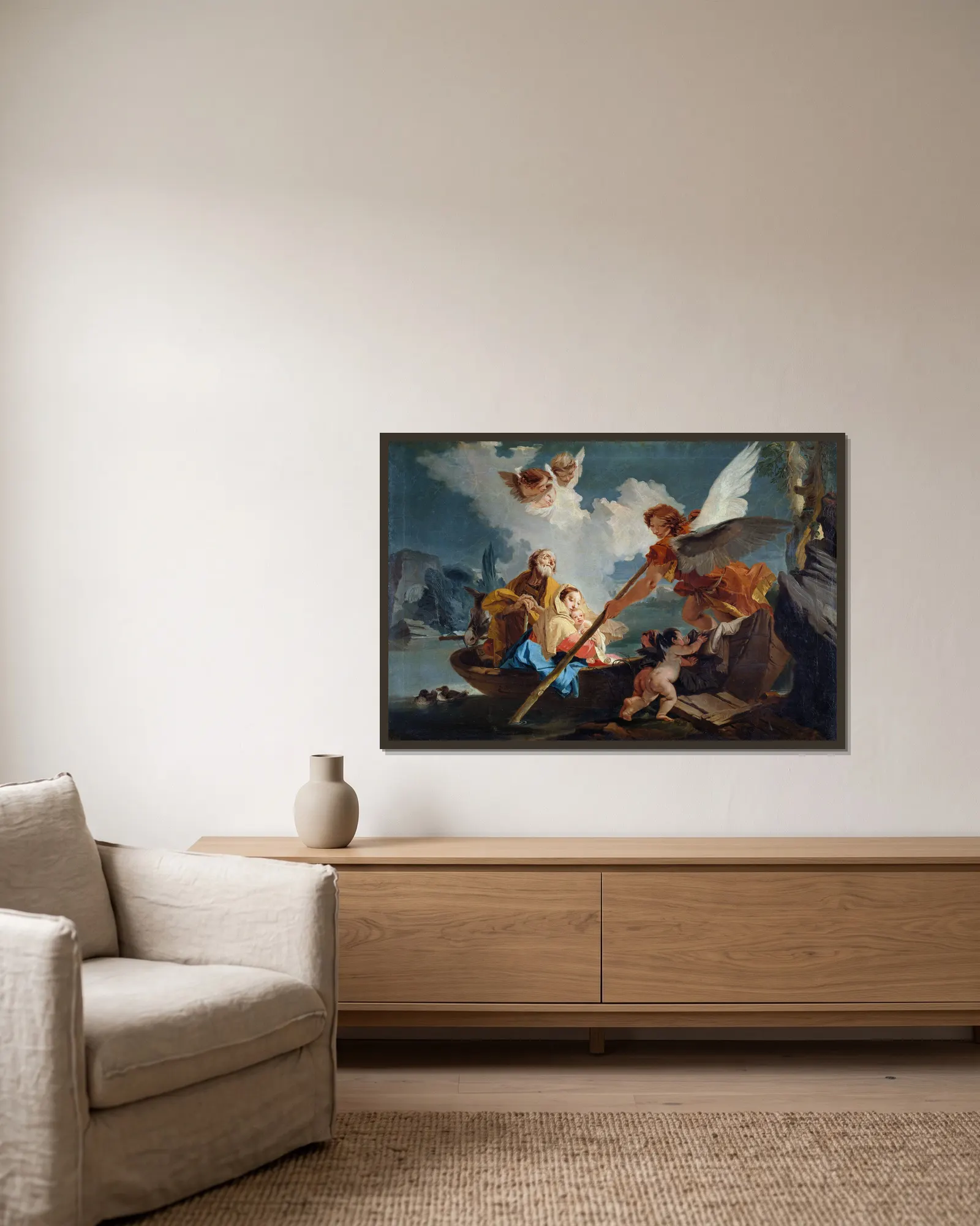 Flight into Egypt av Giovanni Battista Tiepolo inramad på en vägg