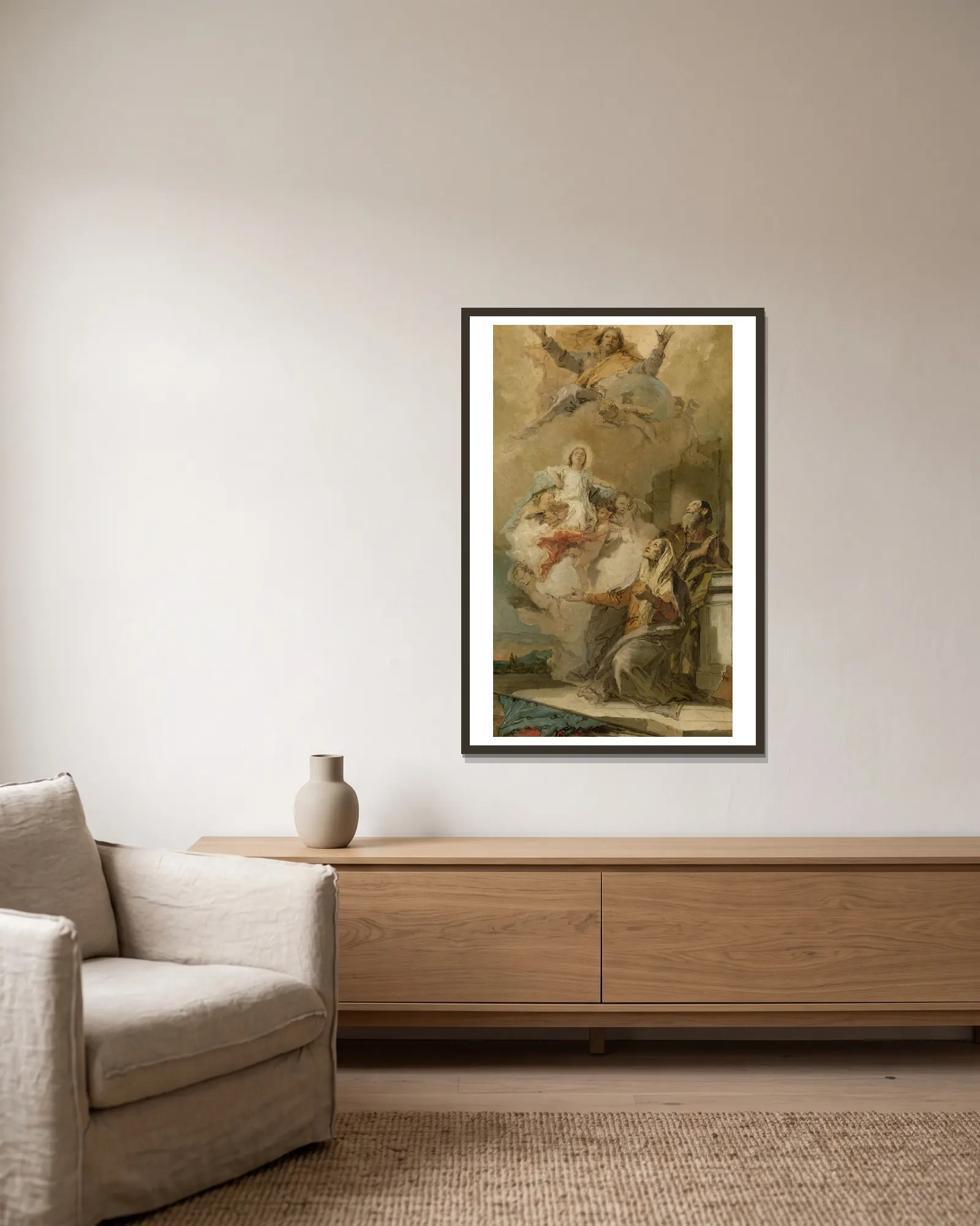 The Immaculate Conception (Joachim en Anna receiving the Virgin Mary from God the Father) av Giovanni Battista Tiepolo inramad på en vägg