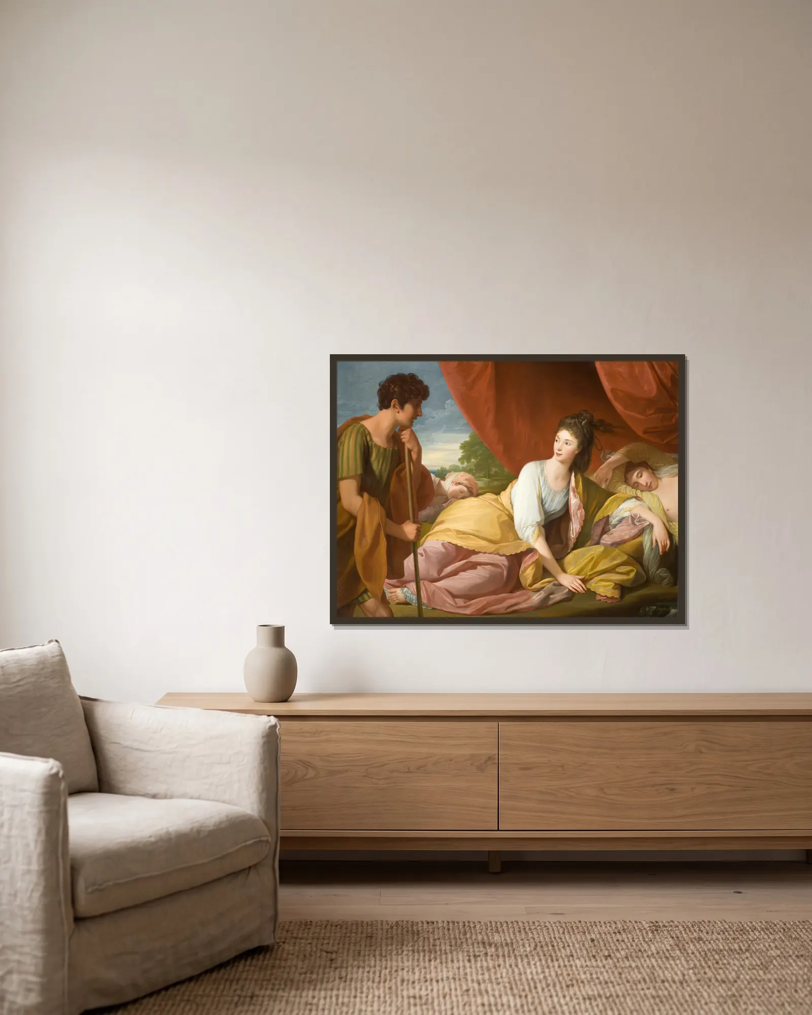 Cymon and Iphigenia av Benjamin West inramad på en vägg