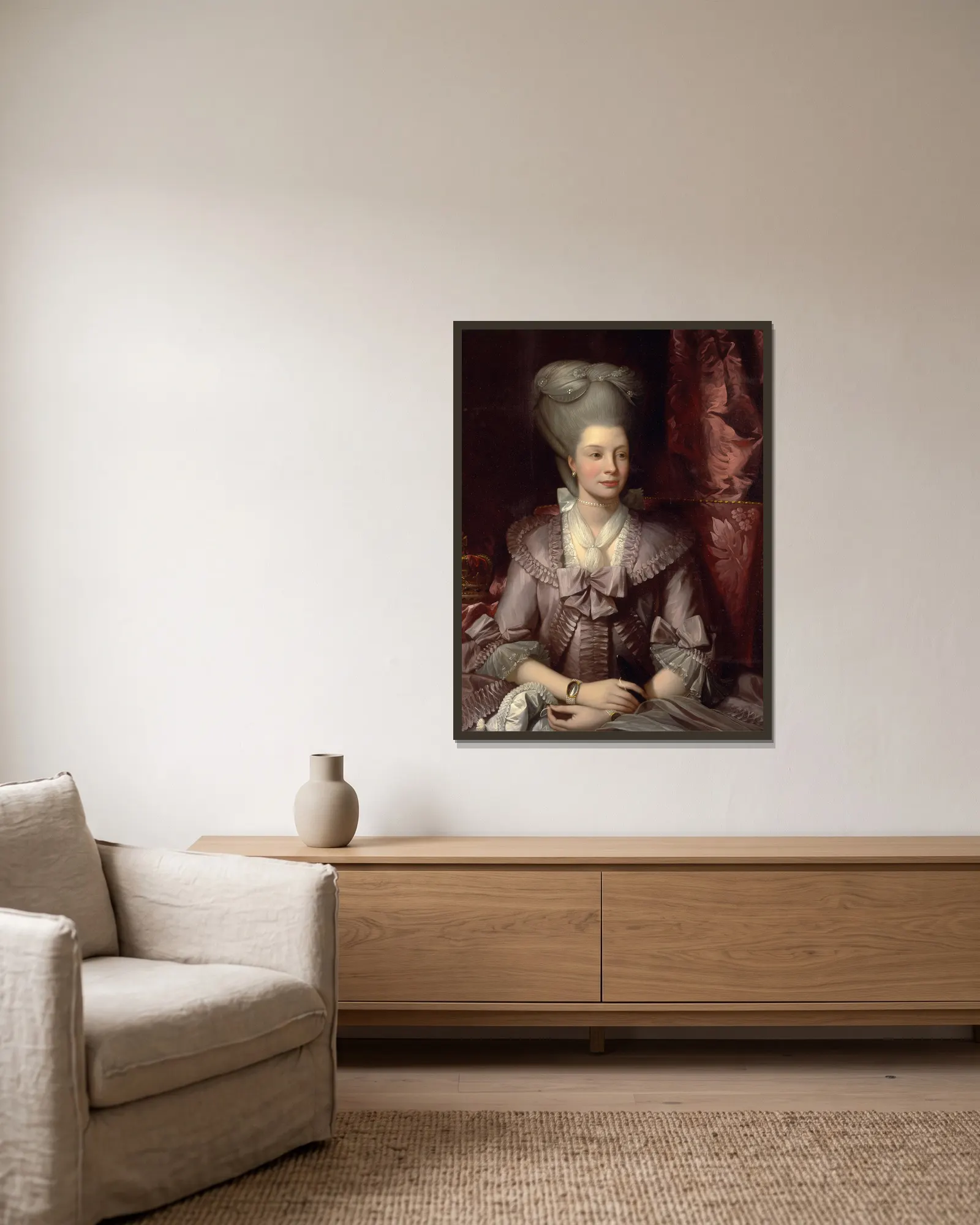 Queen Charlotte av Benjamin West inramad på en vägg
