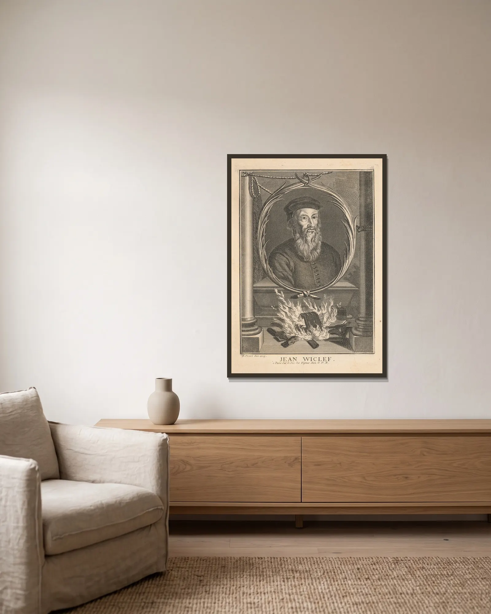 John Wycliffe av Bernard Picart inramad på en vägg
