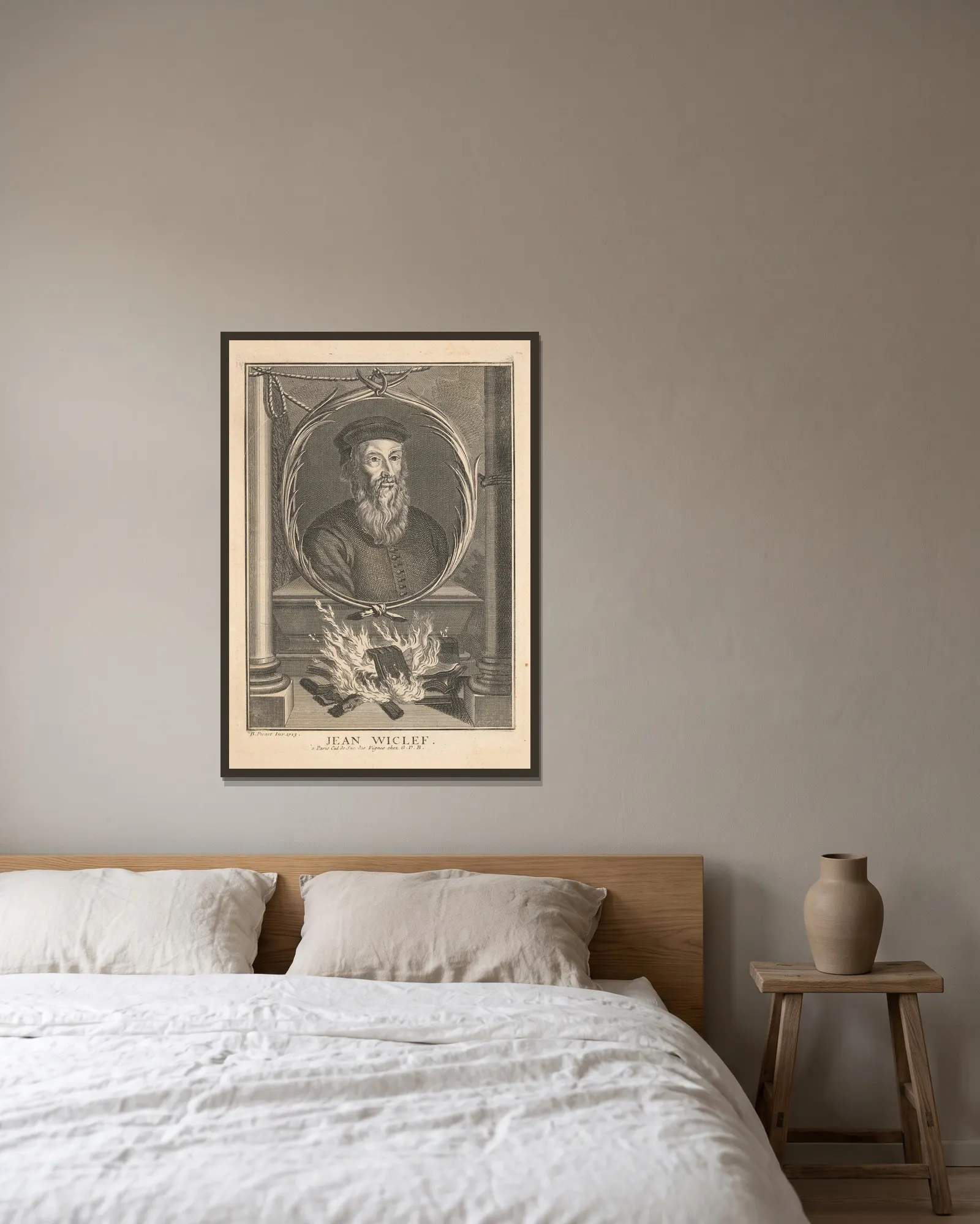 John Wycliffe av Bernard Picart inramad på en vägg