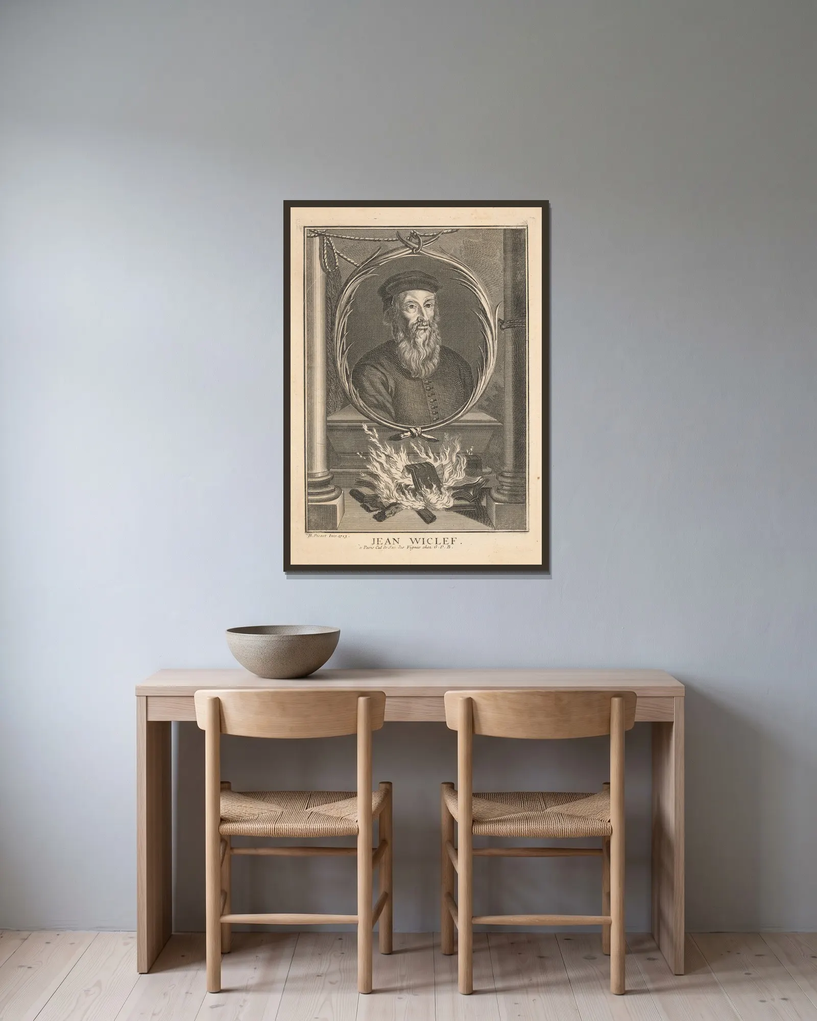 John Wycliffe av Bernard Picart inramad på en vägg