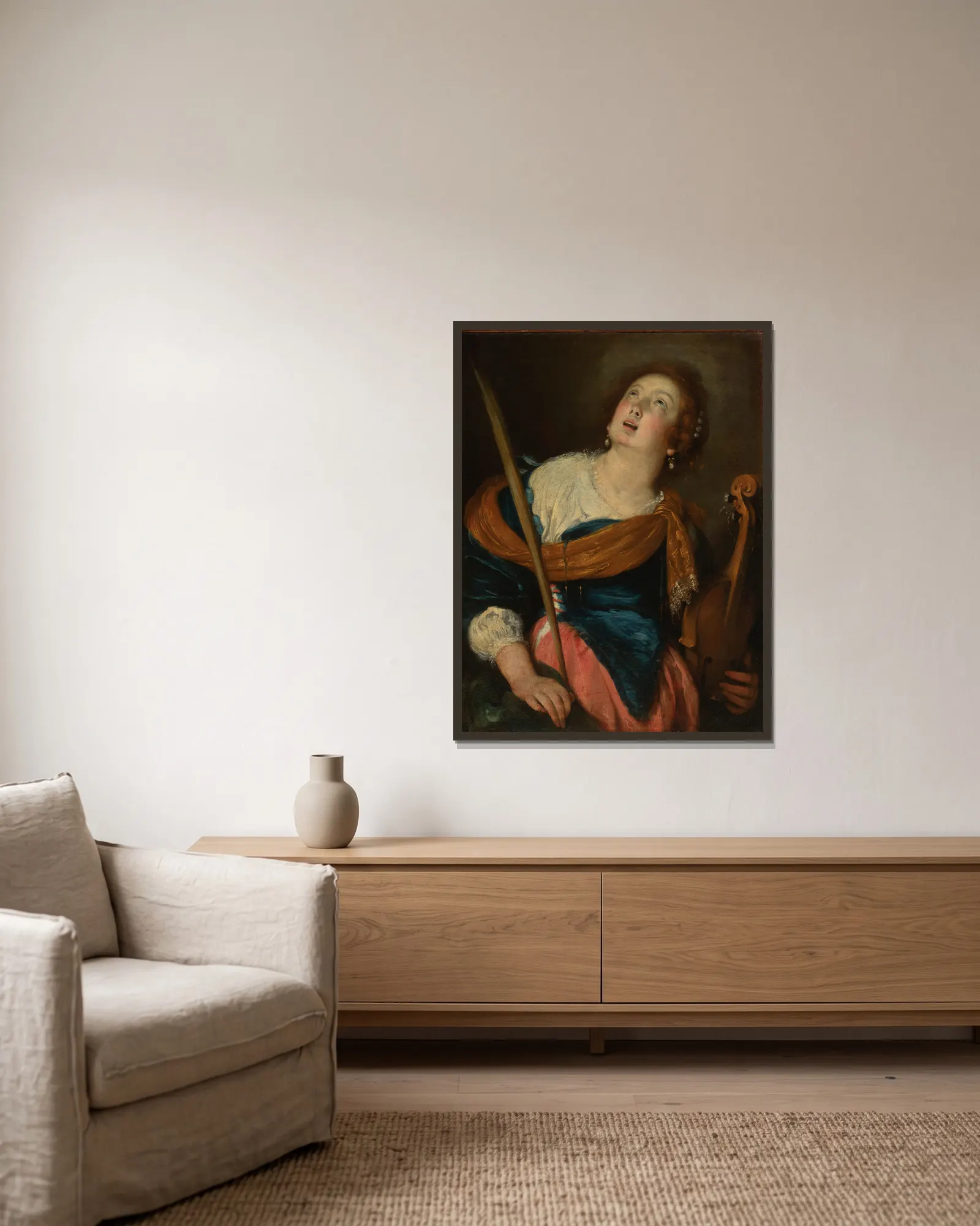 Saint Cecilia av Bernardo Strozzi inramad på en vägg