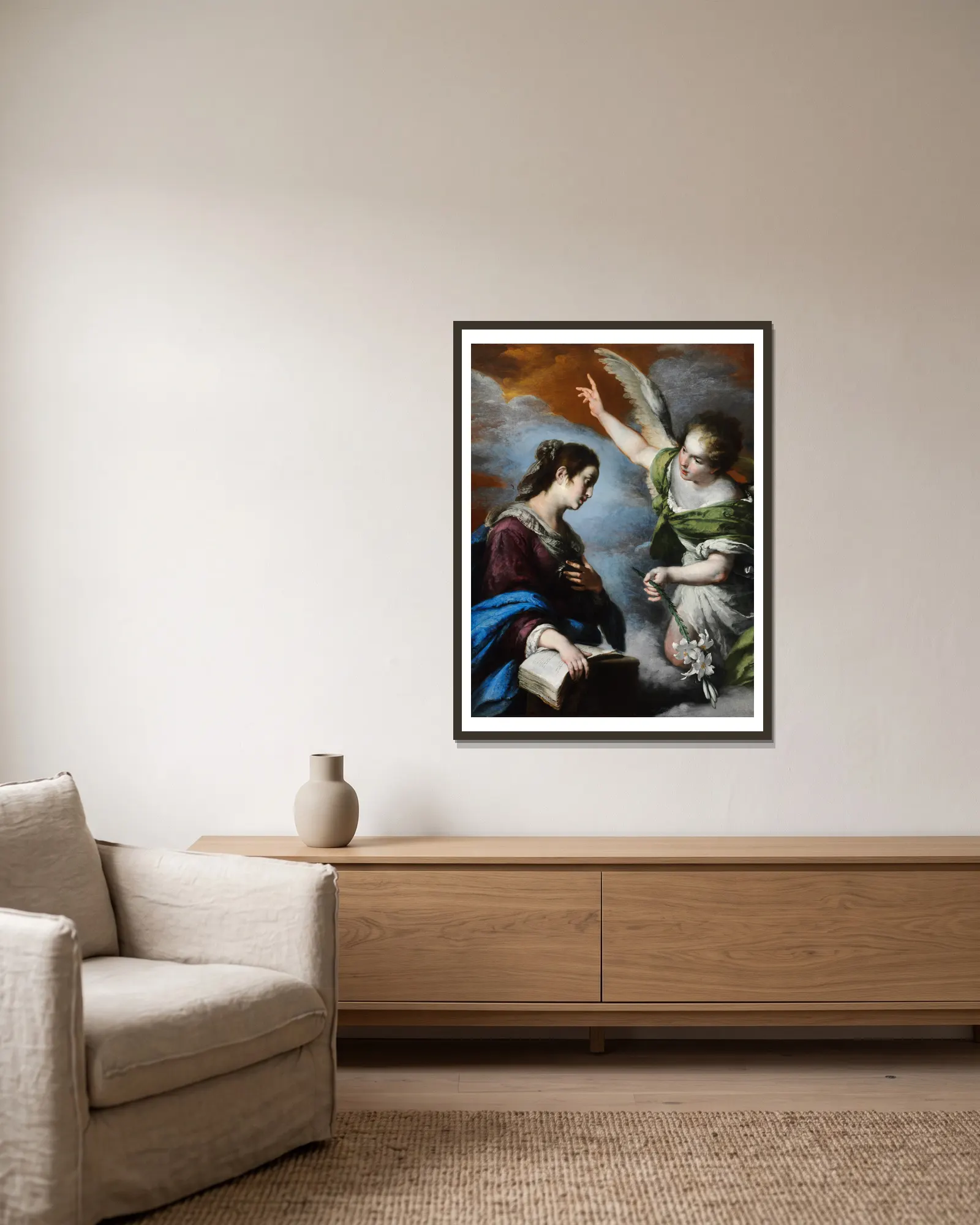 The Annunciation av Bernardo Strozzi inramad på en vägg