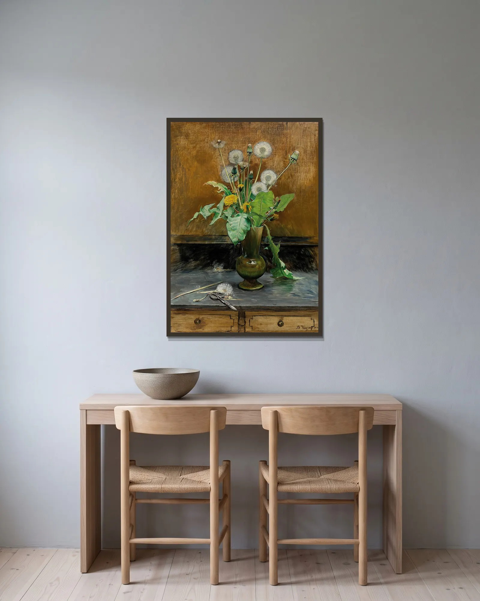 Dandelions av Bertha Wegmann inramad på en vägg