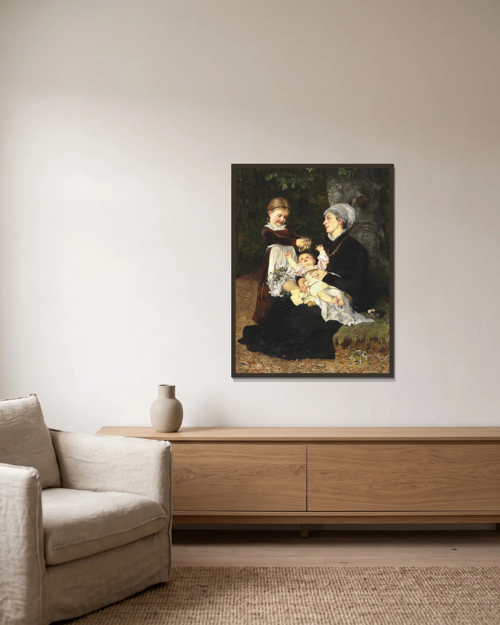 En Ammes Besøg av Bertha Wegmann inramad på en vägg