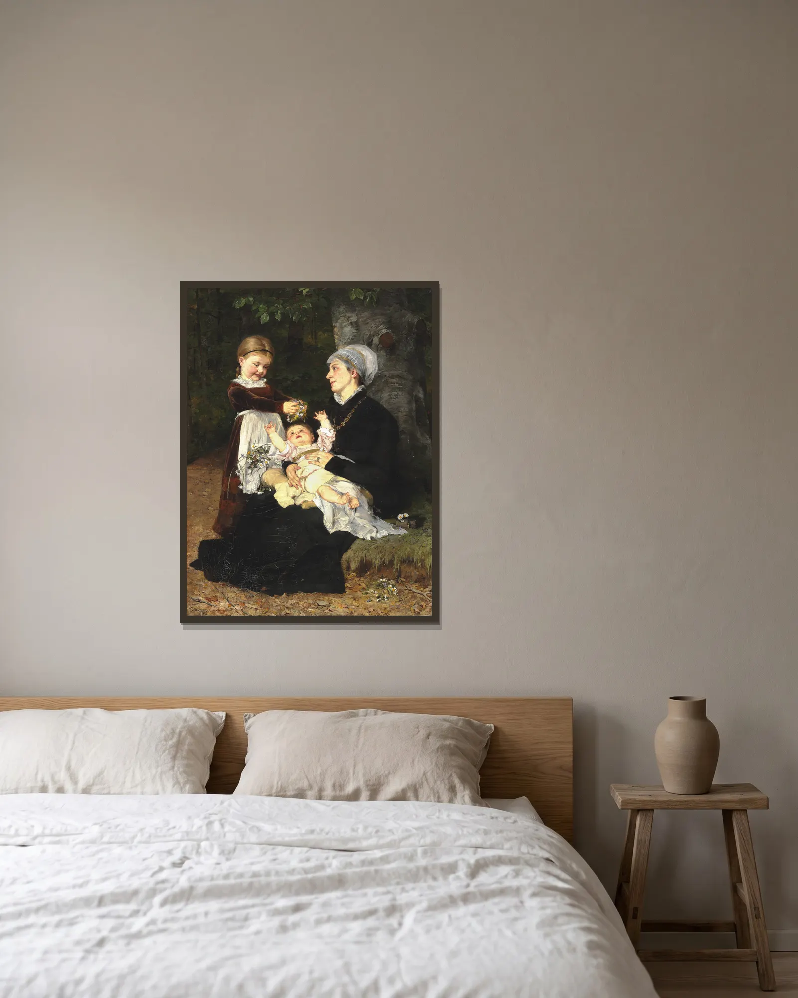 En Ammes Besøg av Bertha Wegmann inramad på en vägg