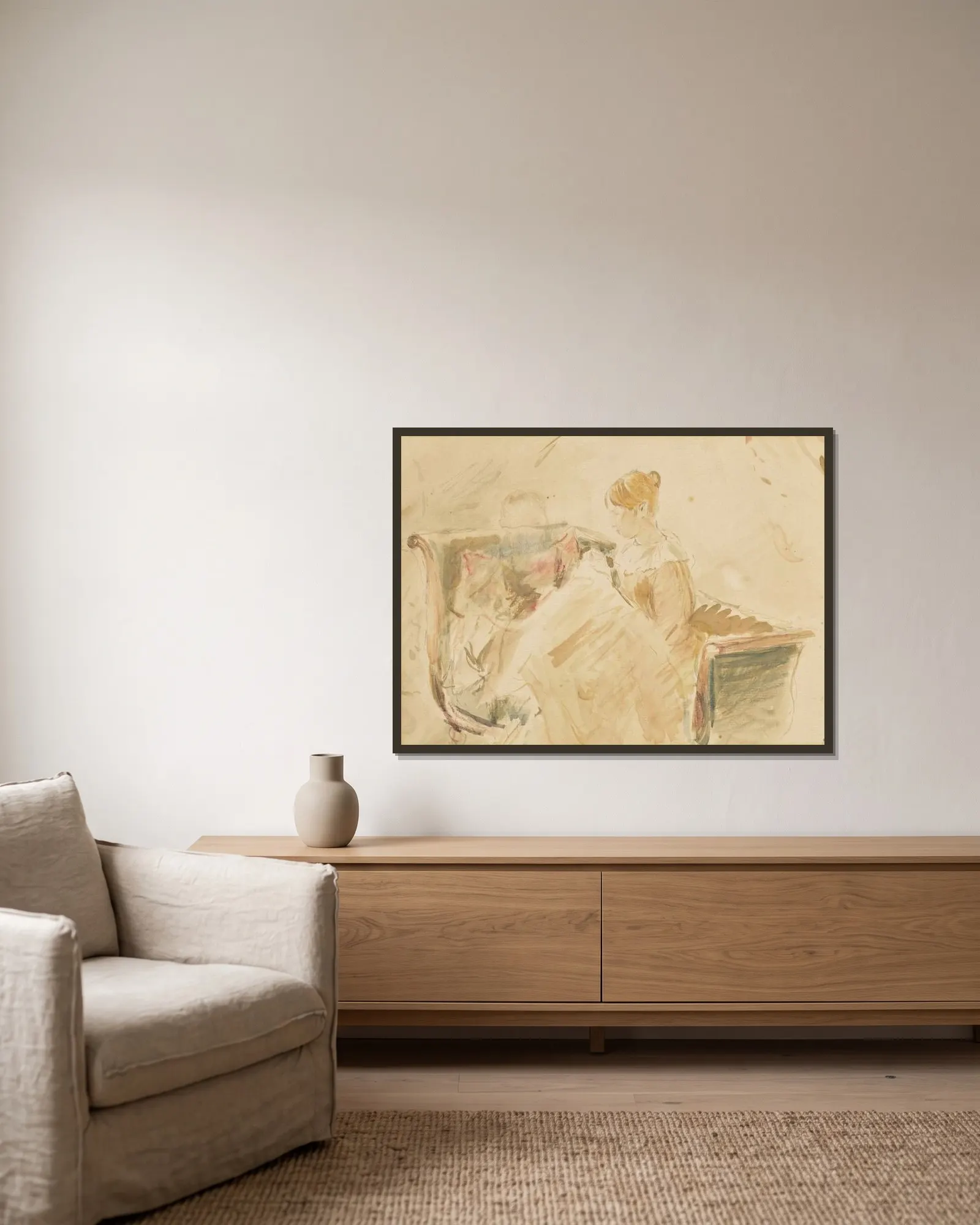 La Broderie av Berthe Morisot inramad på en vägg