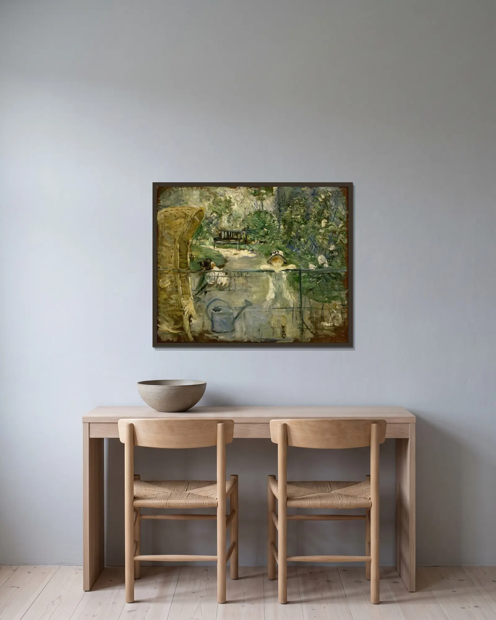 The Basket Chair av Berthe Morisot inramad på en vägg