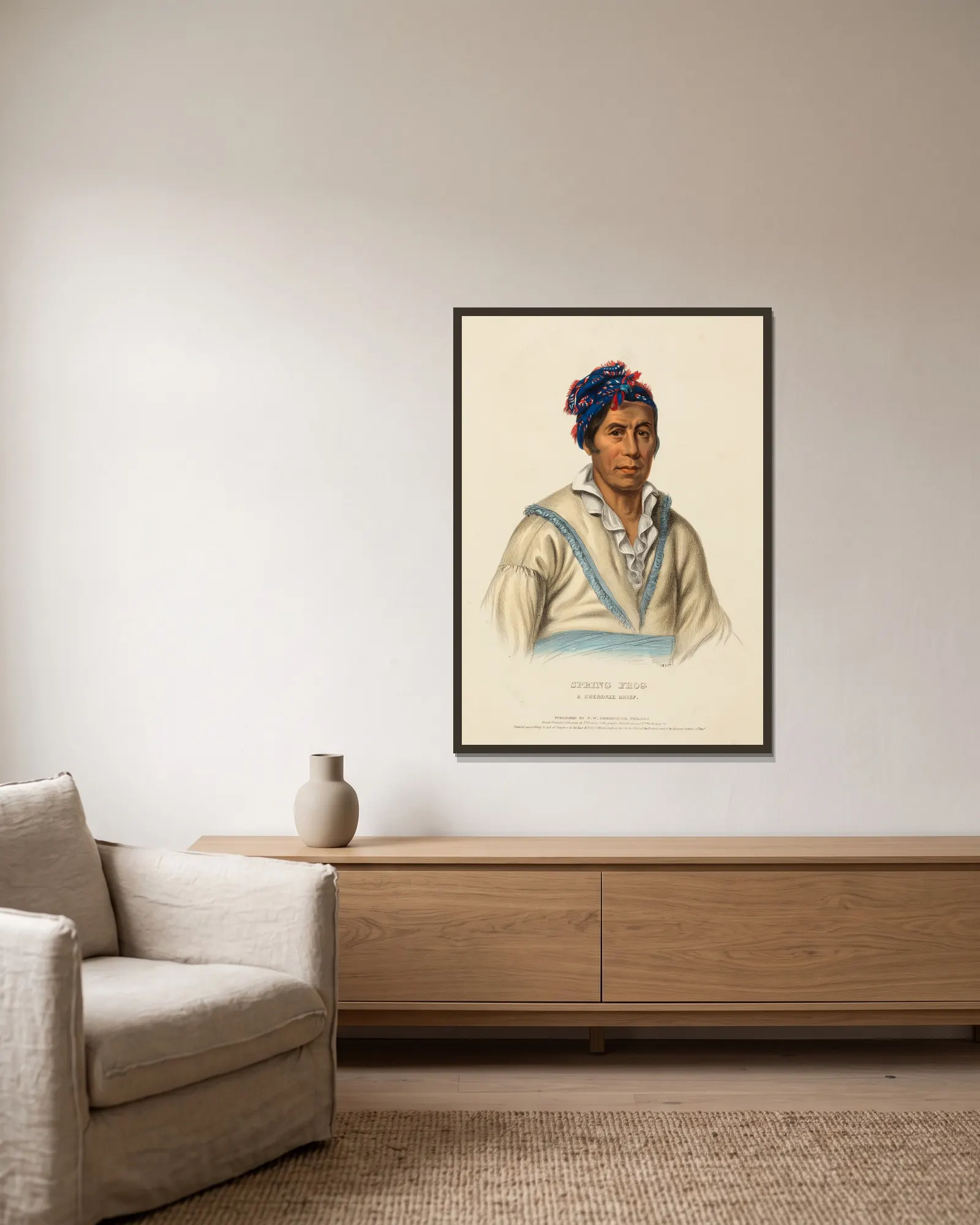 Spring Frog. A Cherokee Chief av Charles Bird King inramad på en vägg