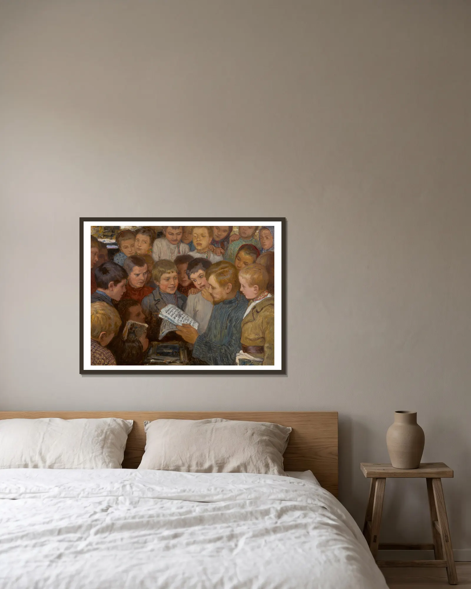 Village School av Nikolai Bogdanov-Belsky inramad på en vägg