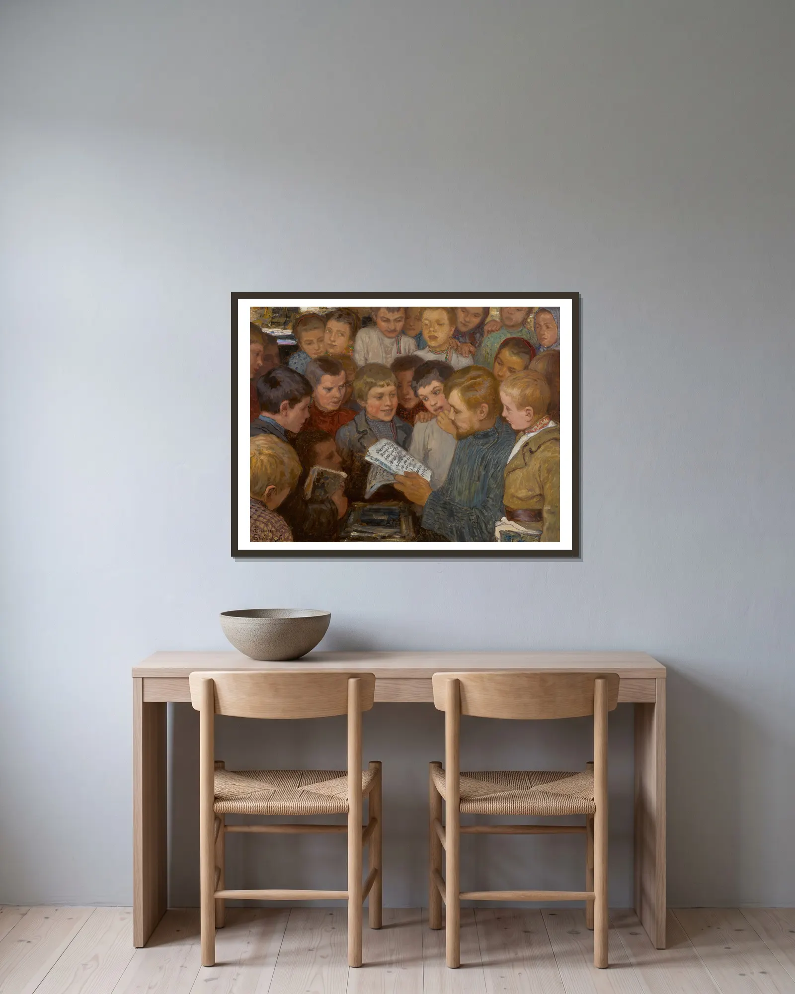 Village School av Nikolai Bogdanov-Belsky inramad på en vägg