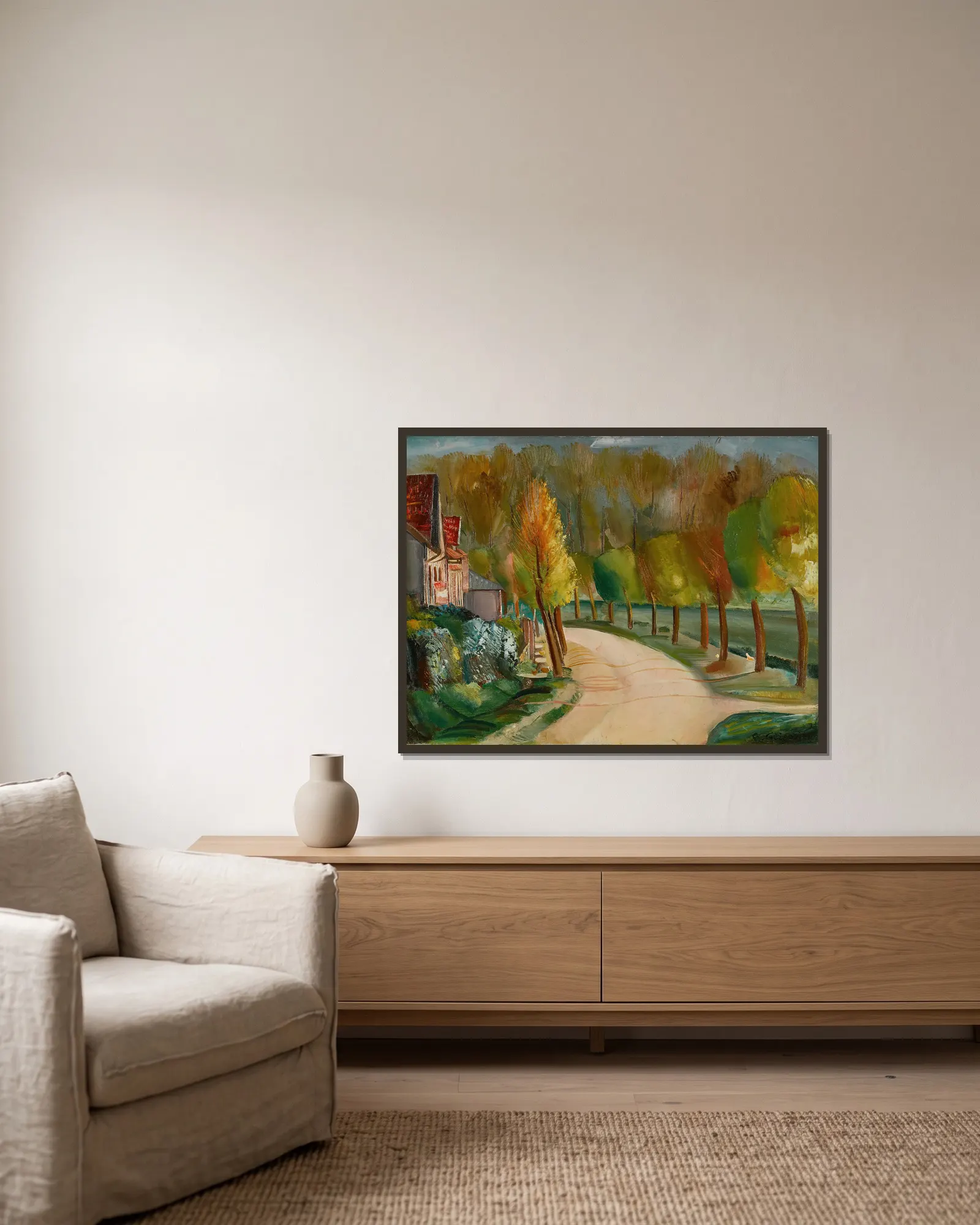 Riverside av Boris Grigoriev inramad på en vägg