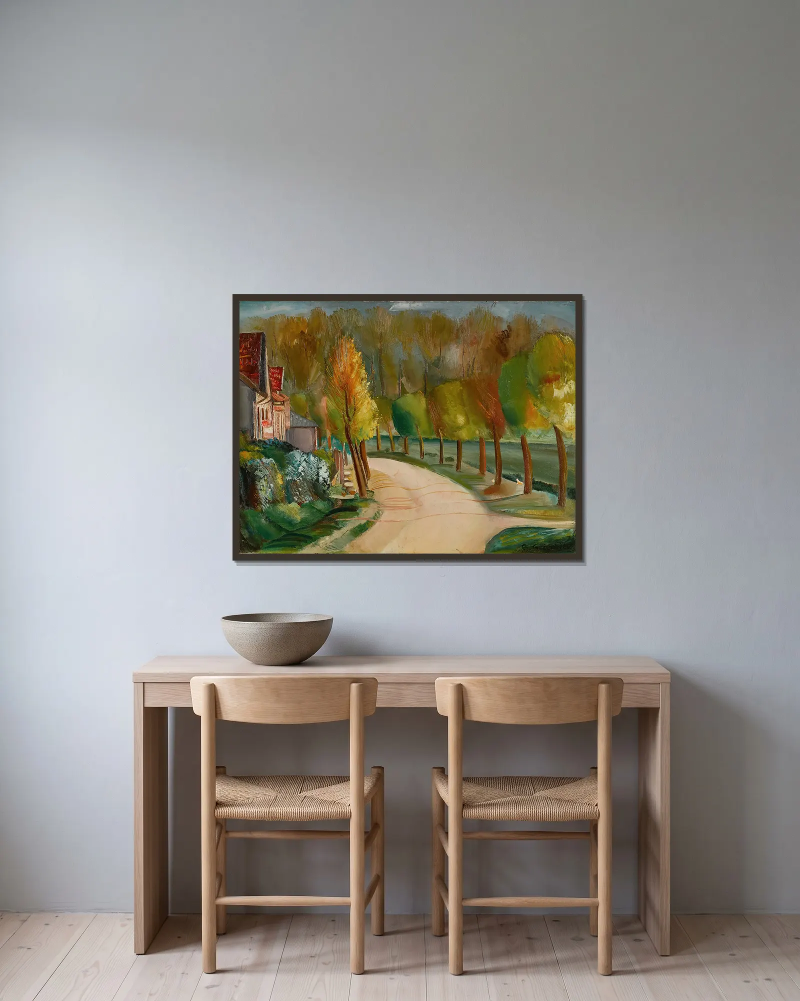 Riverside av Boris Grigoriev inramad på en vägg