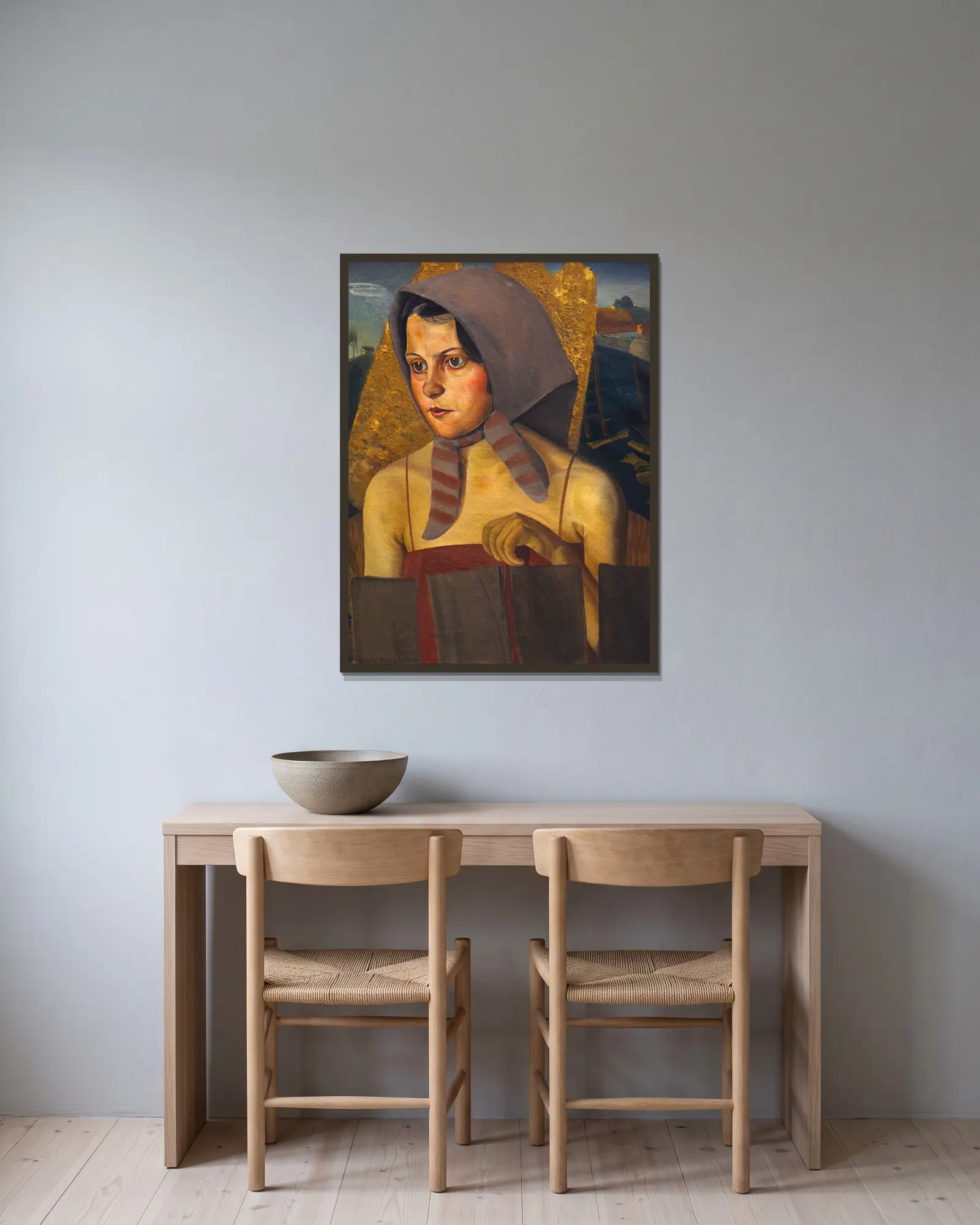 Russian Peasant Girl av Boris Grigoriev inramad på en vägg