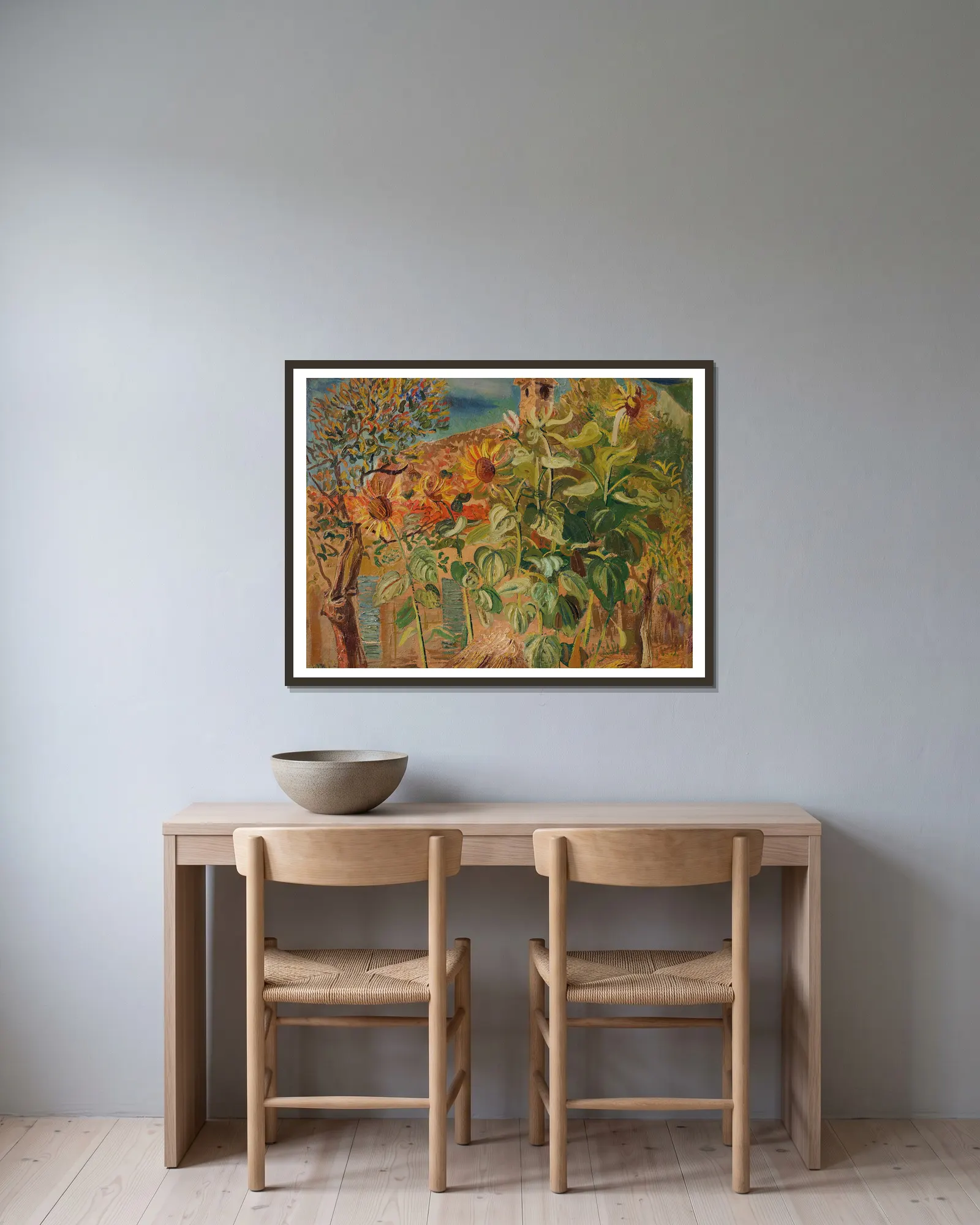 Sunflowers av Boris Grigoriev inramad på en vägg