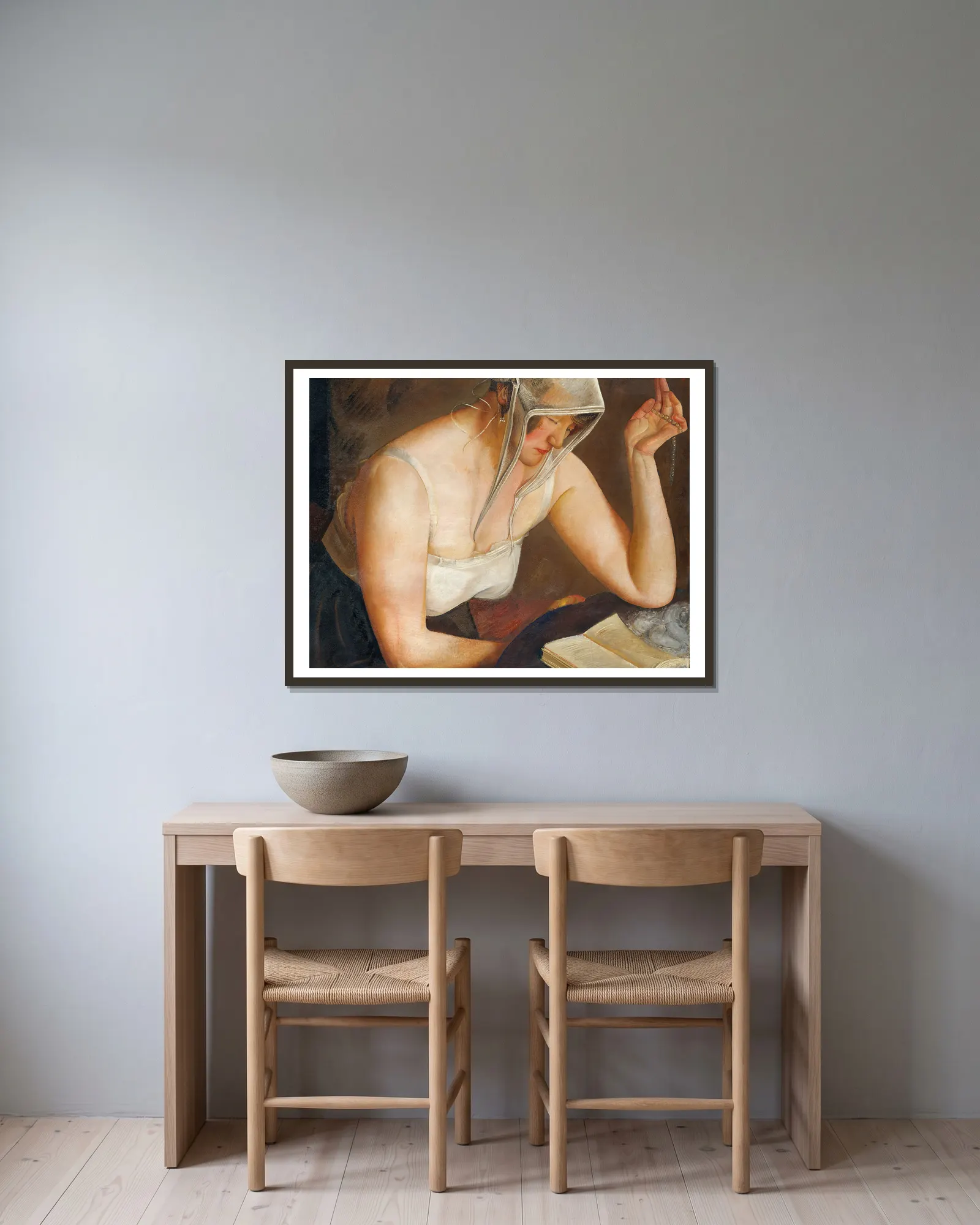 Woman Reading av Boris Grigoriev inramad på en vägg