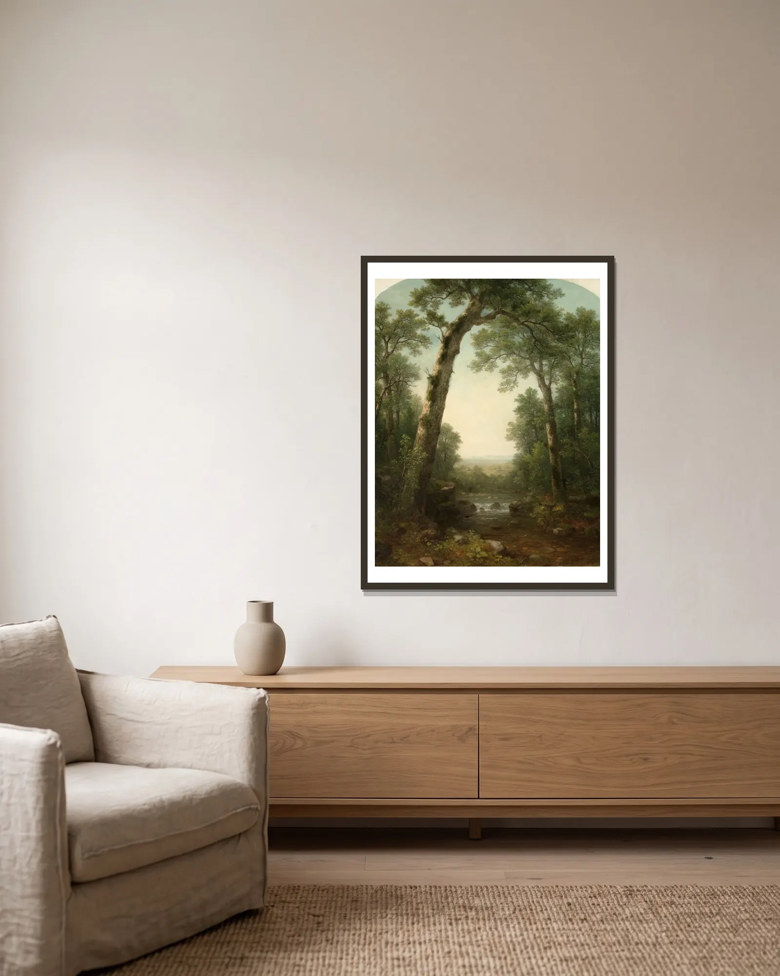 Forest Stream with Vista av Asher Brown Durand inramad på en vägg
