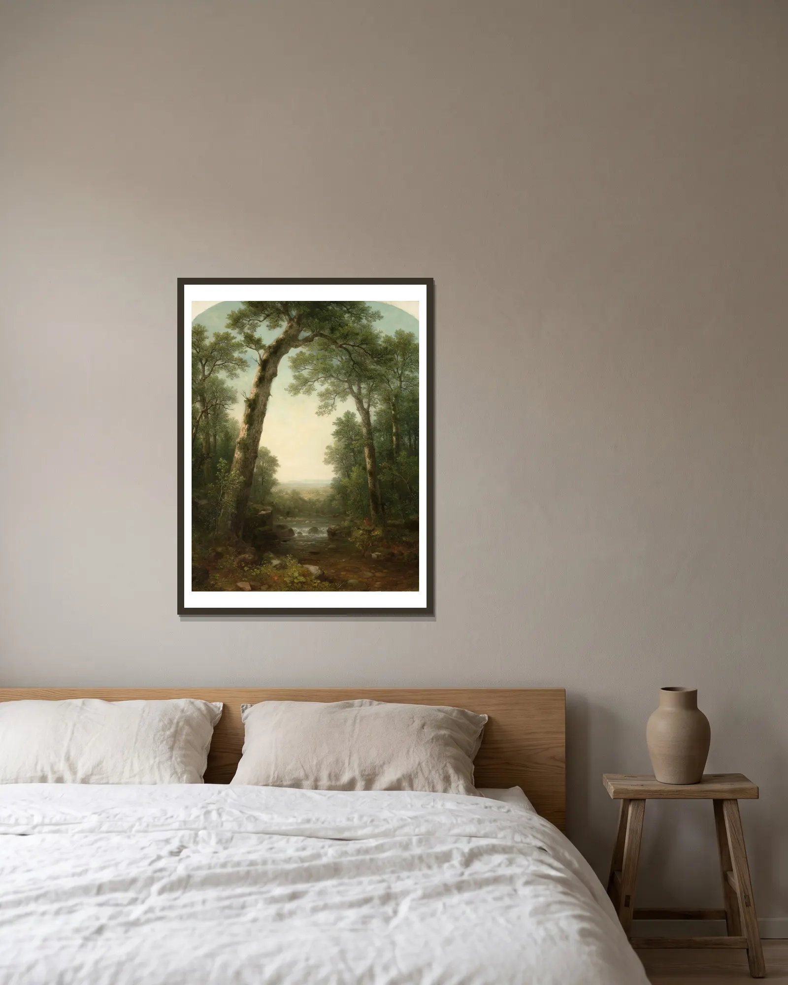 Forest Stream with Vista av Asher Brown Durand inramad på en vägg