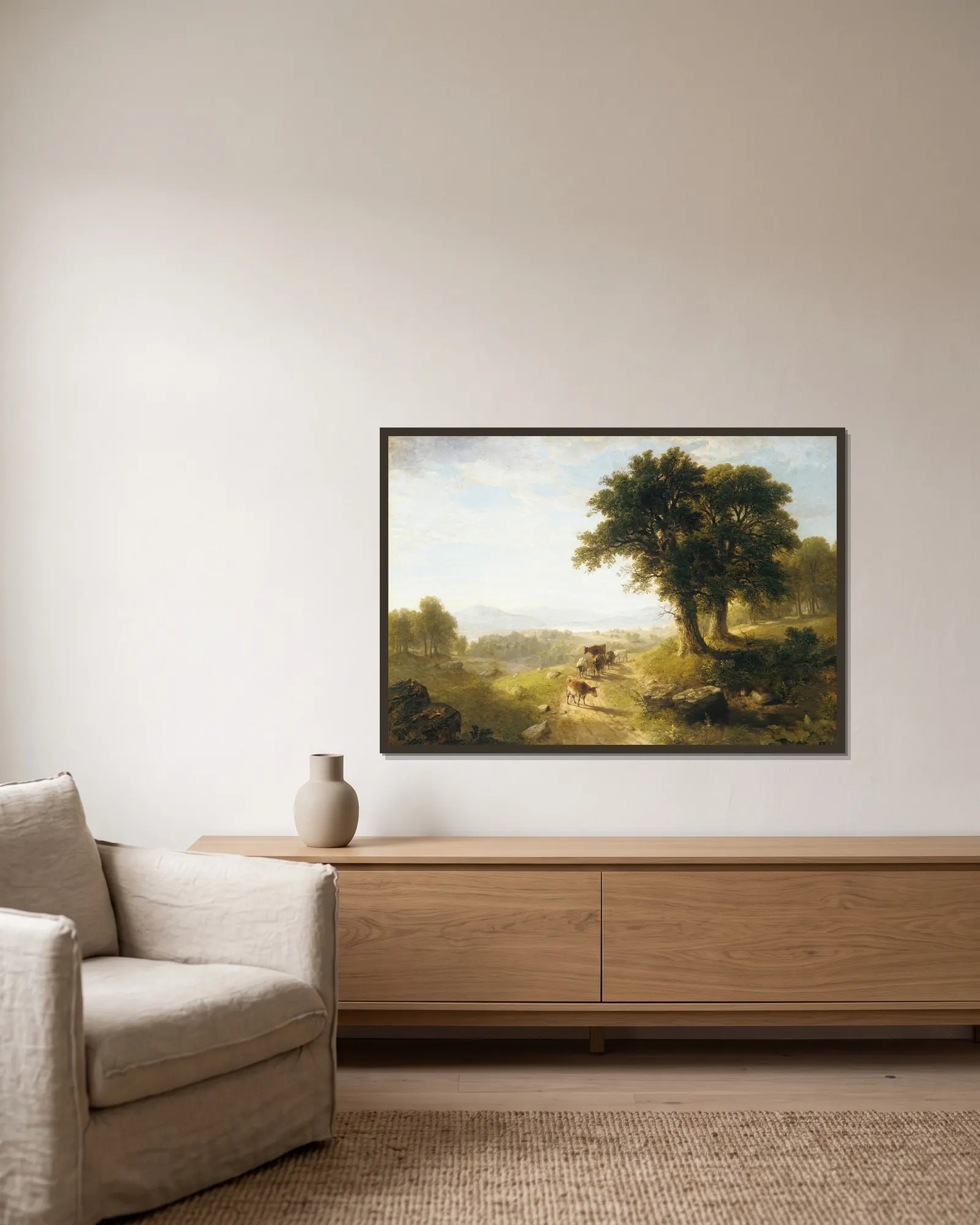 River Scene av Asher Brown Durand inramad på en vägg