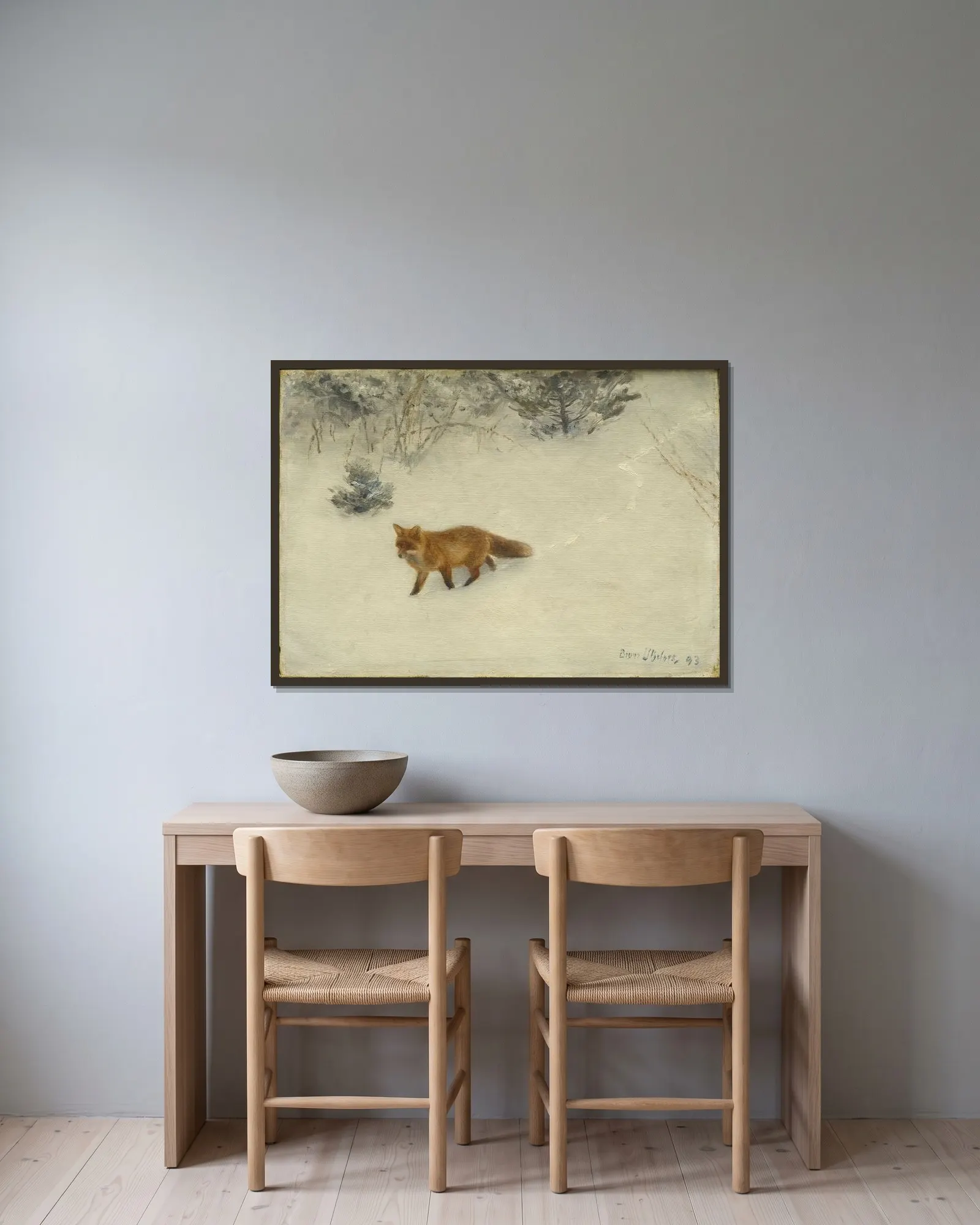 The Fox av Bruno Liljefors inramad på en vägg