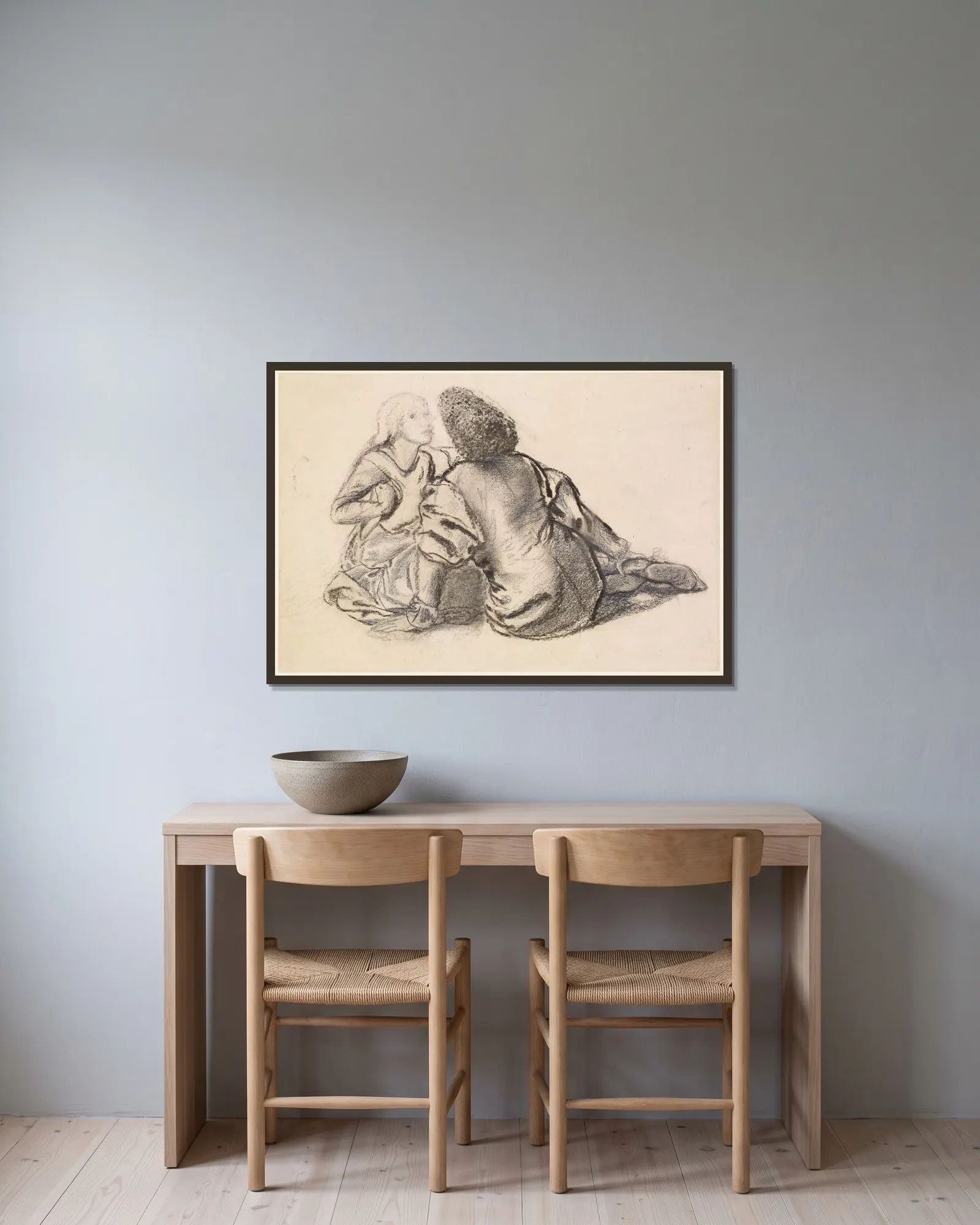 An Idyll – Study av Sir Edward Coley Burne-Jones inramad på en vägg