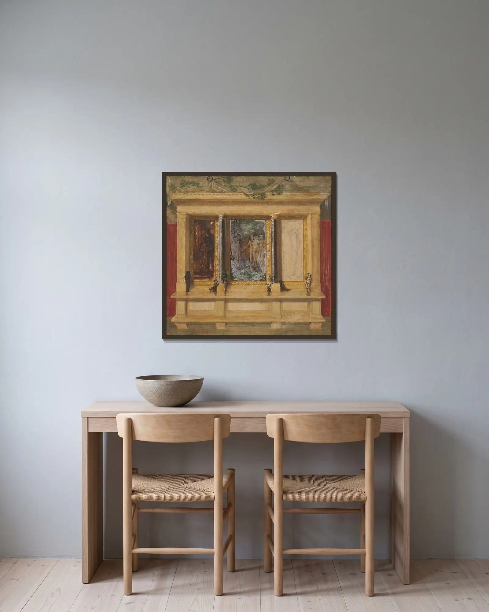 Troy Triptych – Compositional Study (1870-2) av Sir Edward Coley Burne-Jones inramad på en vägg