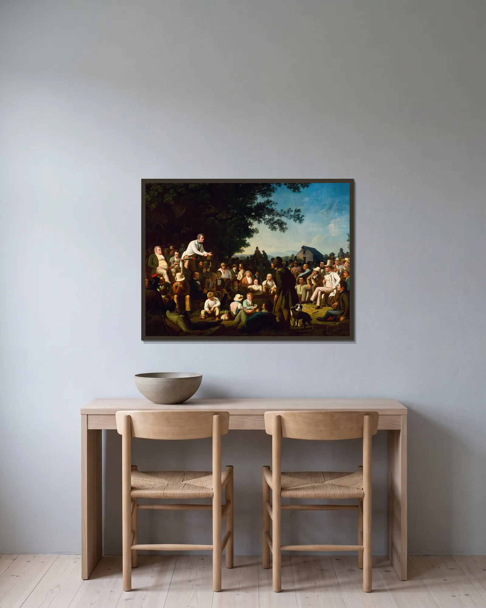 Stump Speaking av George Caleb Bingham inramad på en vägg