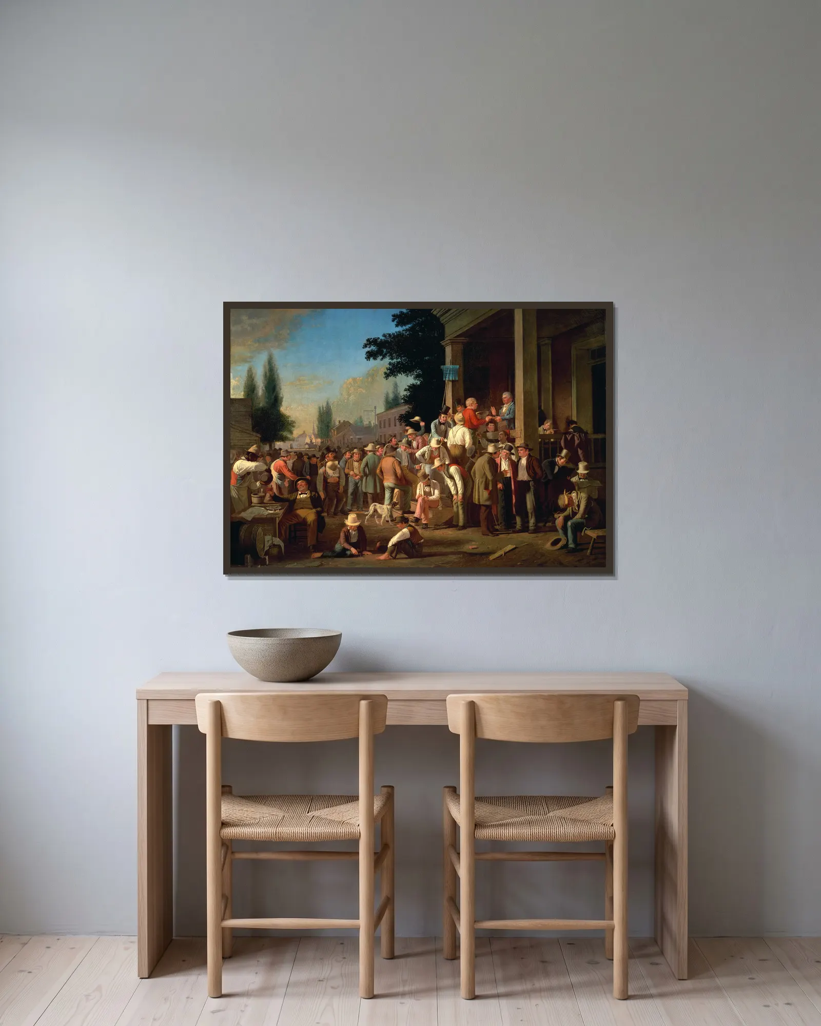 The County Election av George Caleb Bingham inramad på en vägg