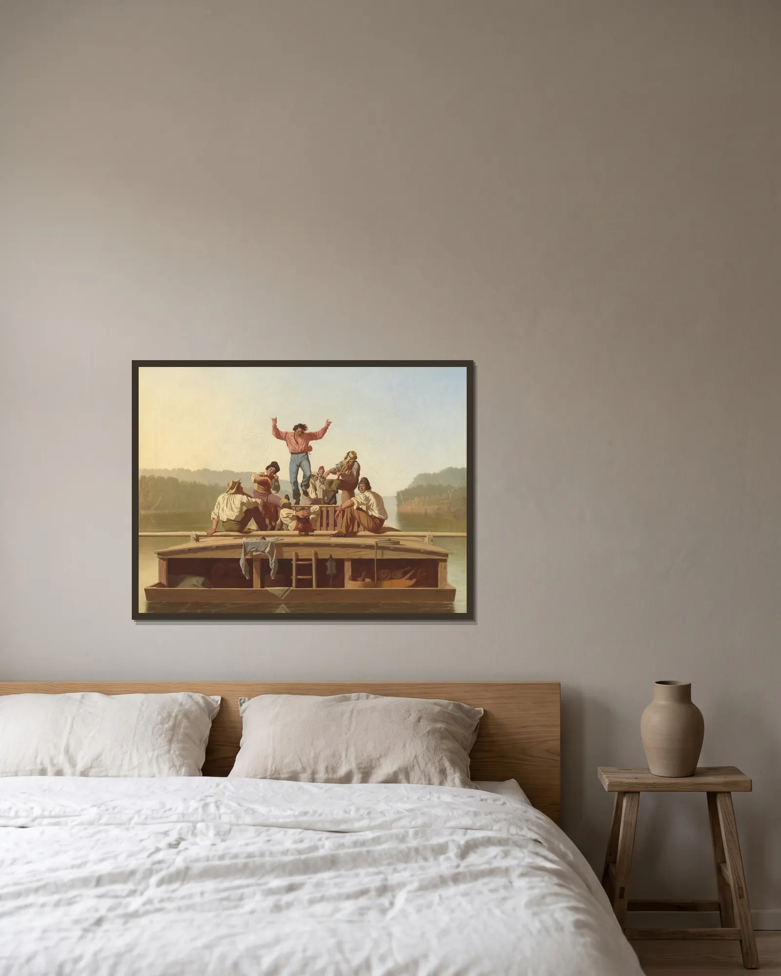 The Jolly Flatboatmen av George Caleb Bingham inramad på en vägg