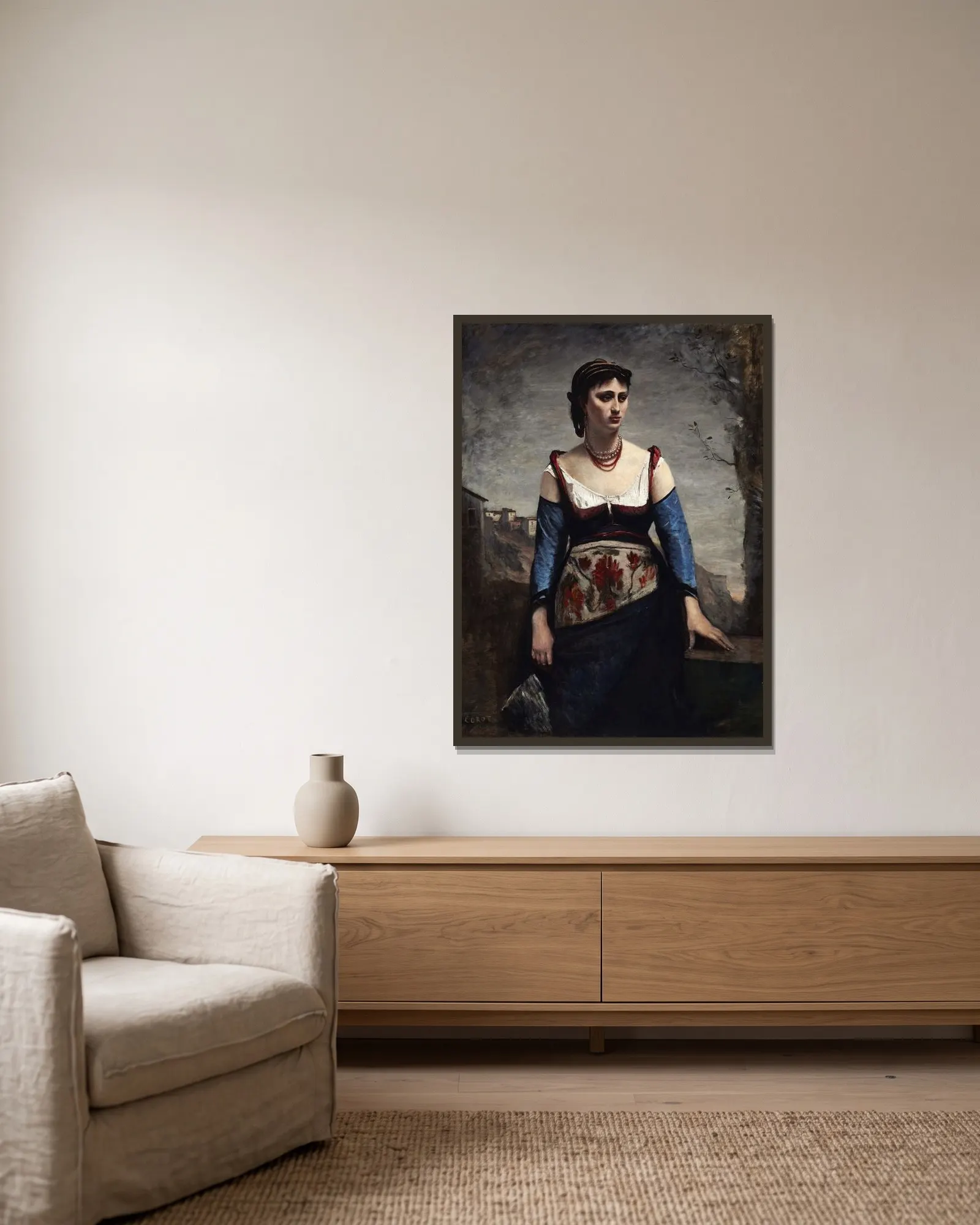 Agostina av Jean-Baptiste-Camille Corot inramad på en vägg