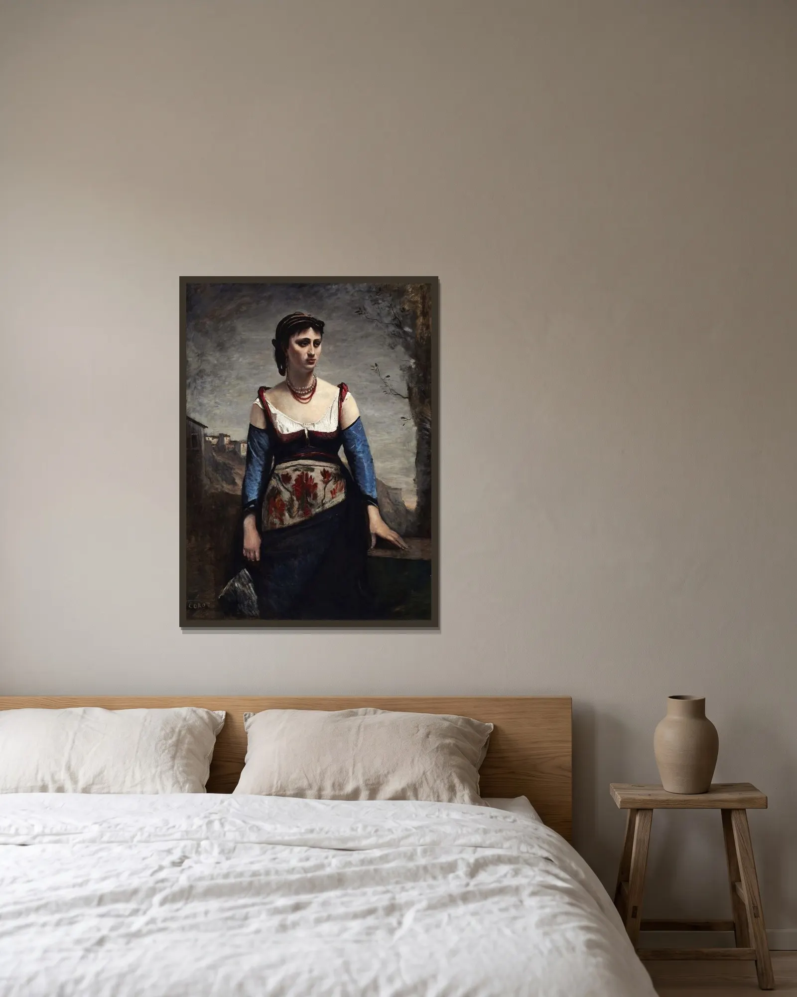 Agostina av Jean-Baptiste-Camille Corot inramad på en vägg