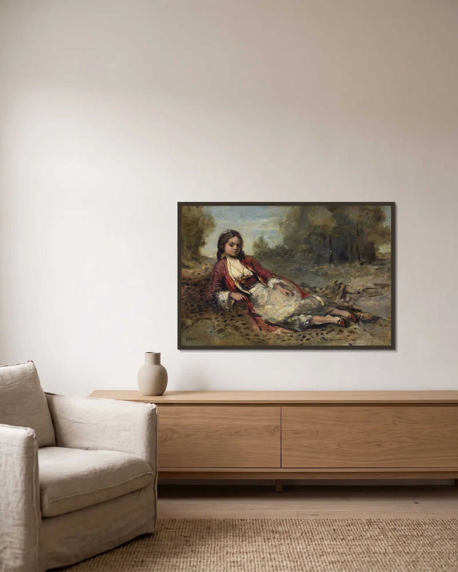 Algérienne av Jean-Baptiste-Camille Corot inramad på en vägg