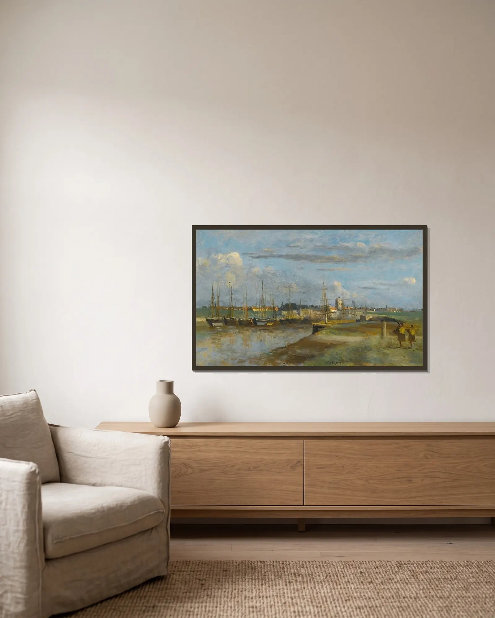 Dunkerque; L’arrière-Port av Jean-Baptiste-Camille Corot inramad på en vägg