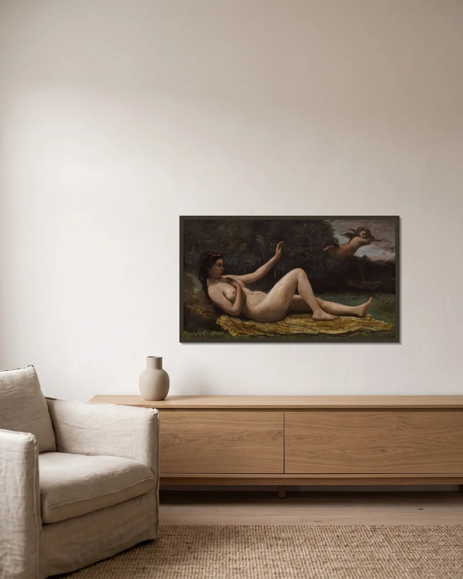 Evocation of Love av Jean-Baptiste-Camille Corot inramad på en vägg