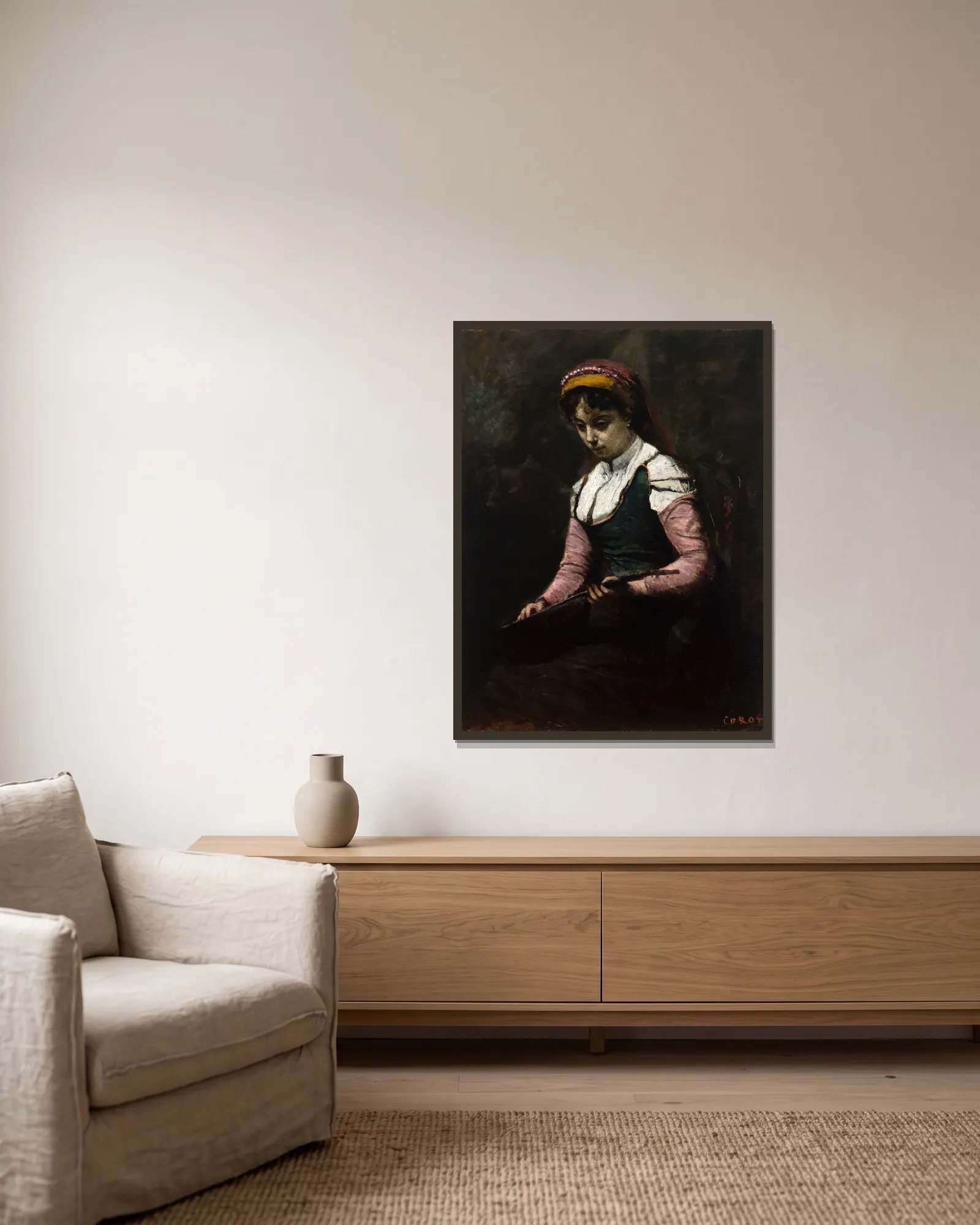 Girl with Mandolin av Jean-Baptiste-Camille Corot inramad på en vägg