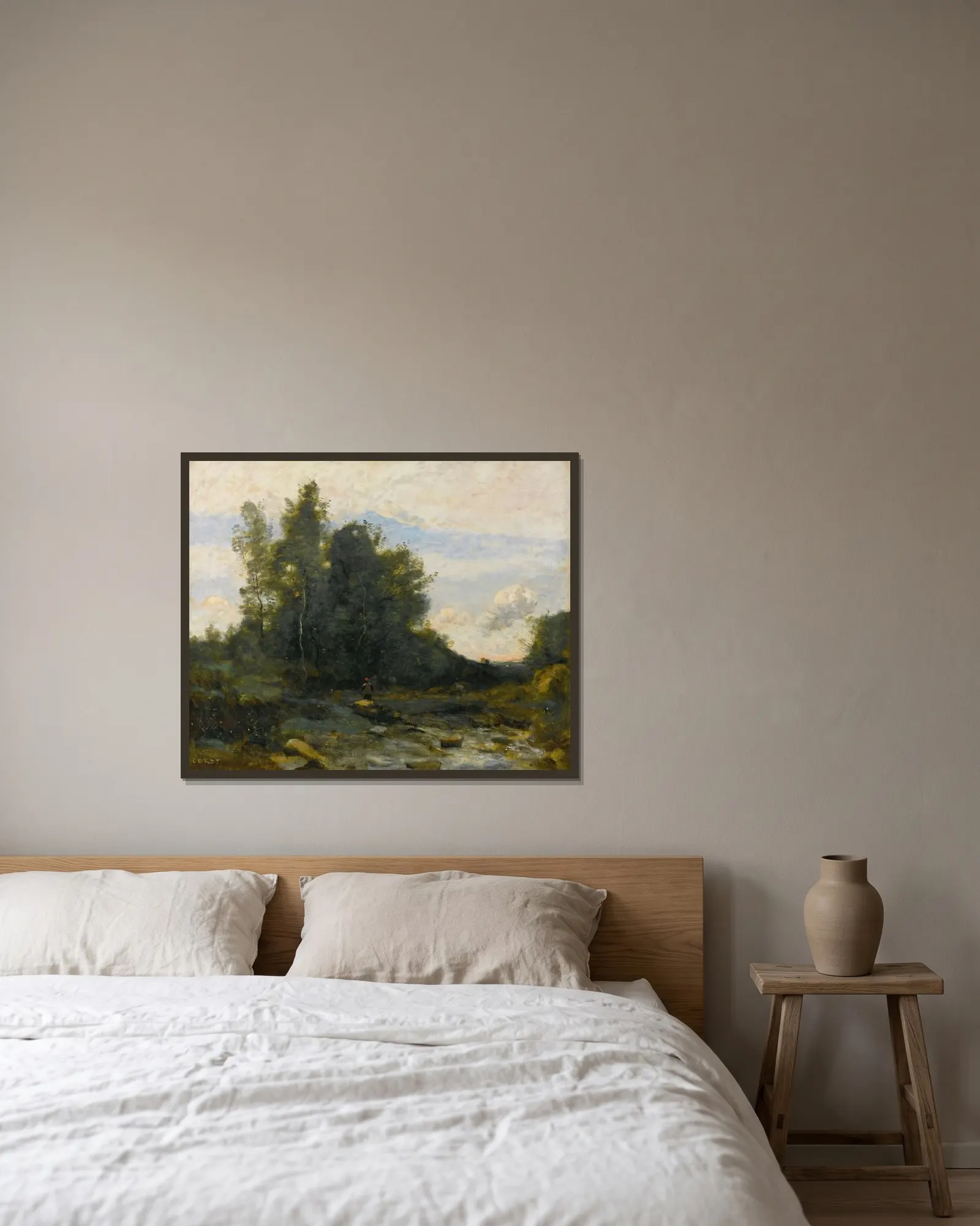 Le Torrent Pierreux (Crépuscule) av Jean-Baptiste-Camille Corot inramad på en vägg
