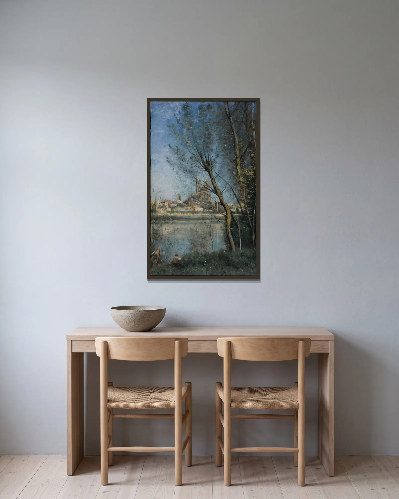 Mantes (le matin) av Jean-Baptiste-Camille Corot inramad på en vägg
