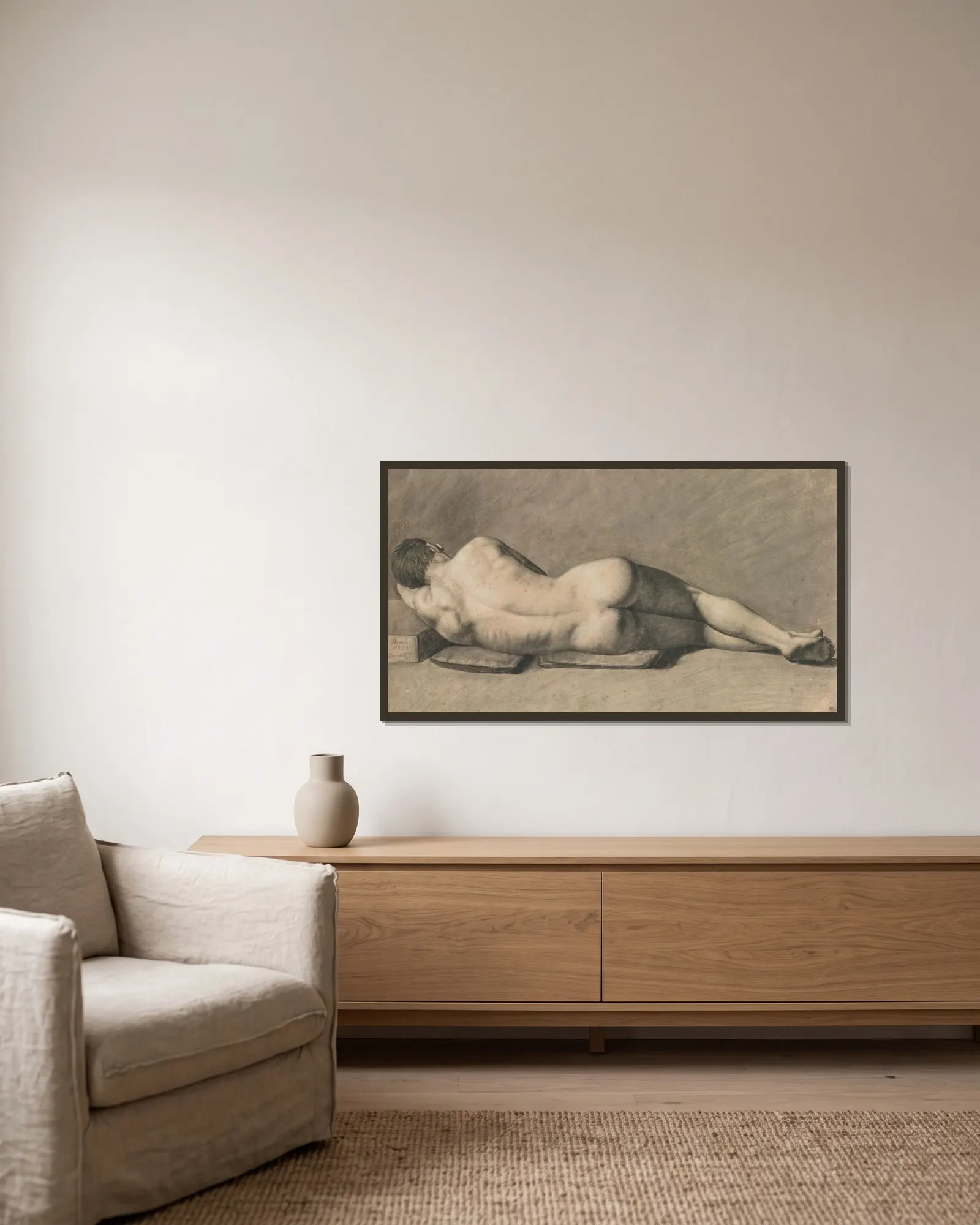 Nu D’homme av Jean-Baptiste-Camille Corot inramad på en vägg