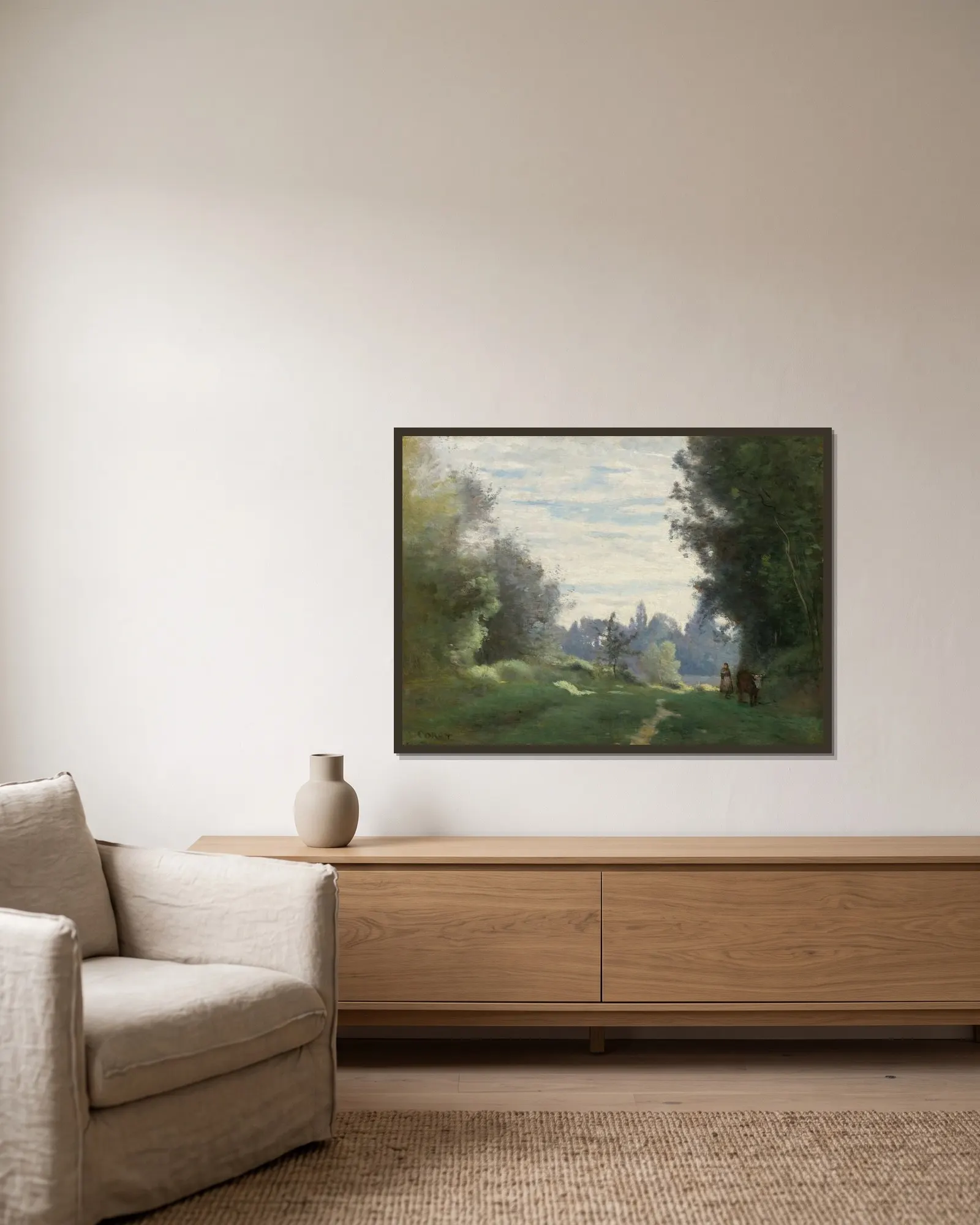 Rayons Du Matin (La Vache Allant Aux Champs) av Jean-Baptiste-Camille Corot inramad på en vägg